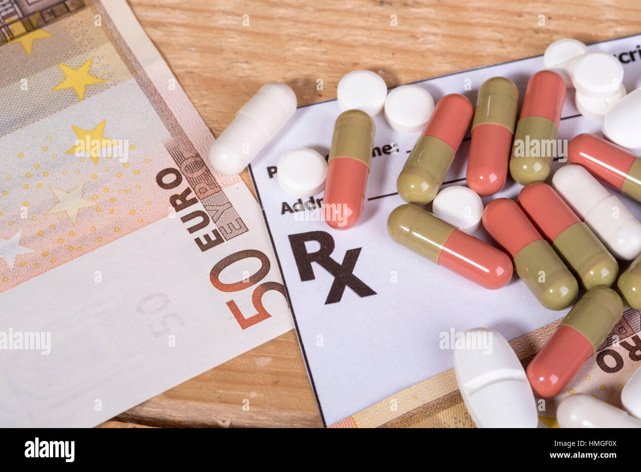 pills on euro bills Stock Photo
