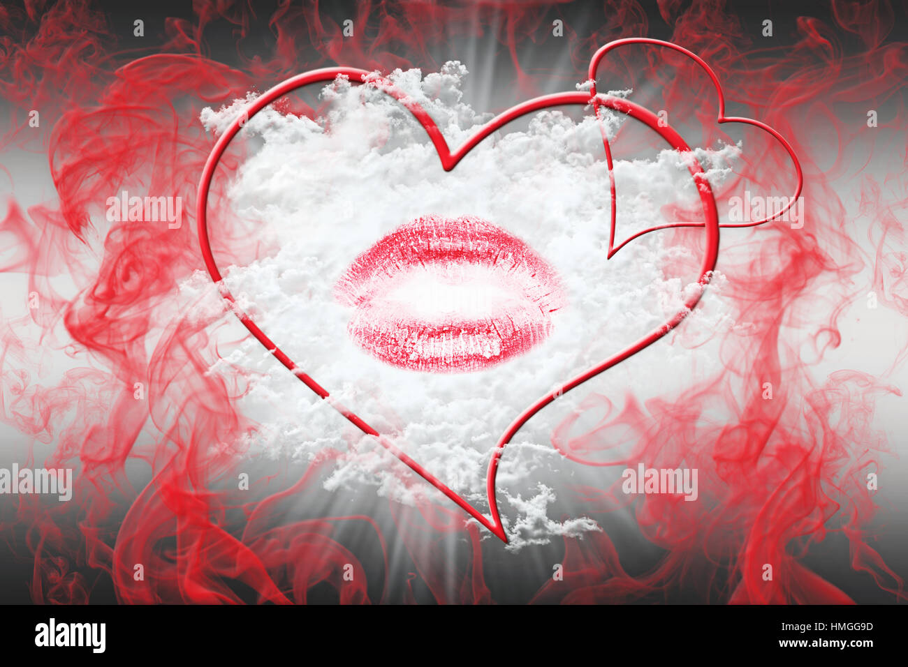 Heart and a Kiss With Red Smoke and White Fluffy Clouds. Valentine's