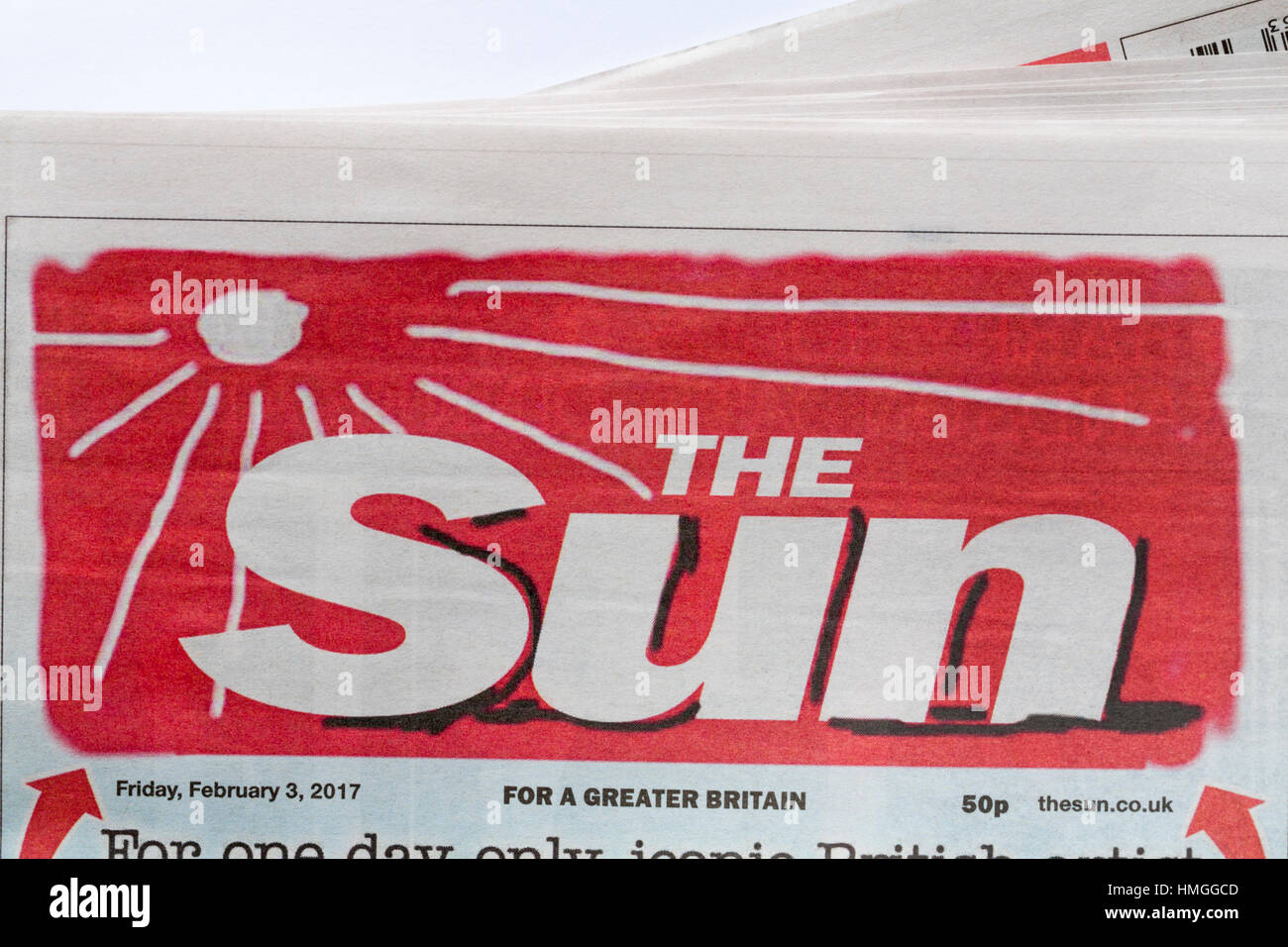 For one day only iconic British artist David Hockney reimagines the Sun logo – new temporary logo on the Sun newspaper Stock Photo