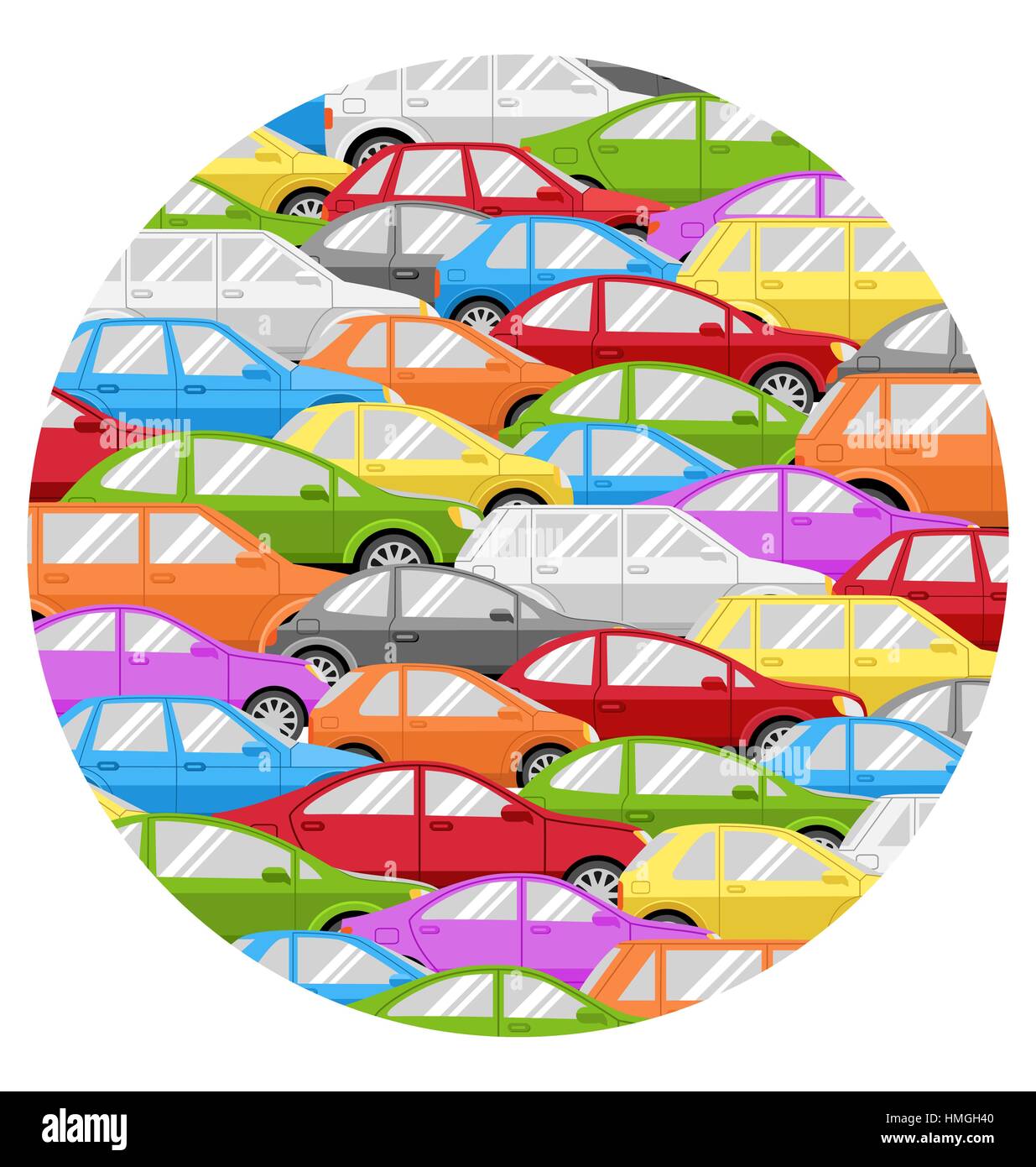 Traffic Jam With Cars Circle Icon Isolated on White Stock Vector