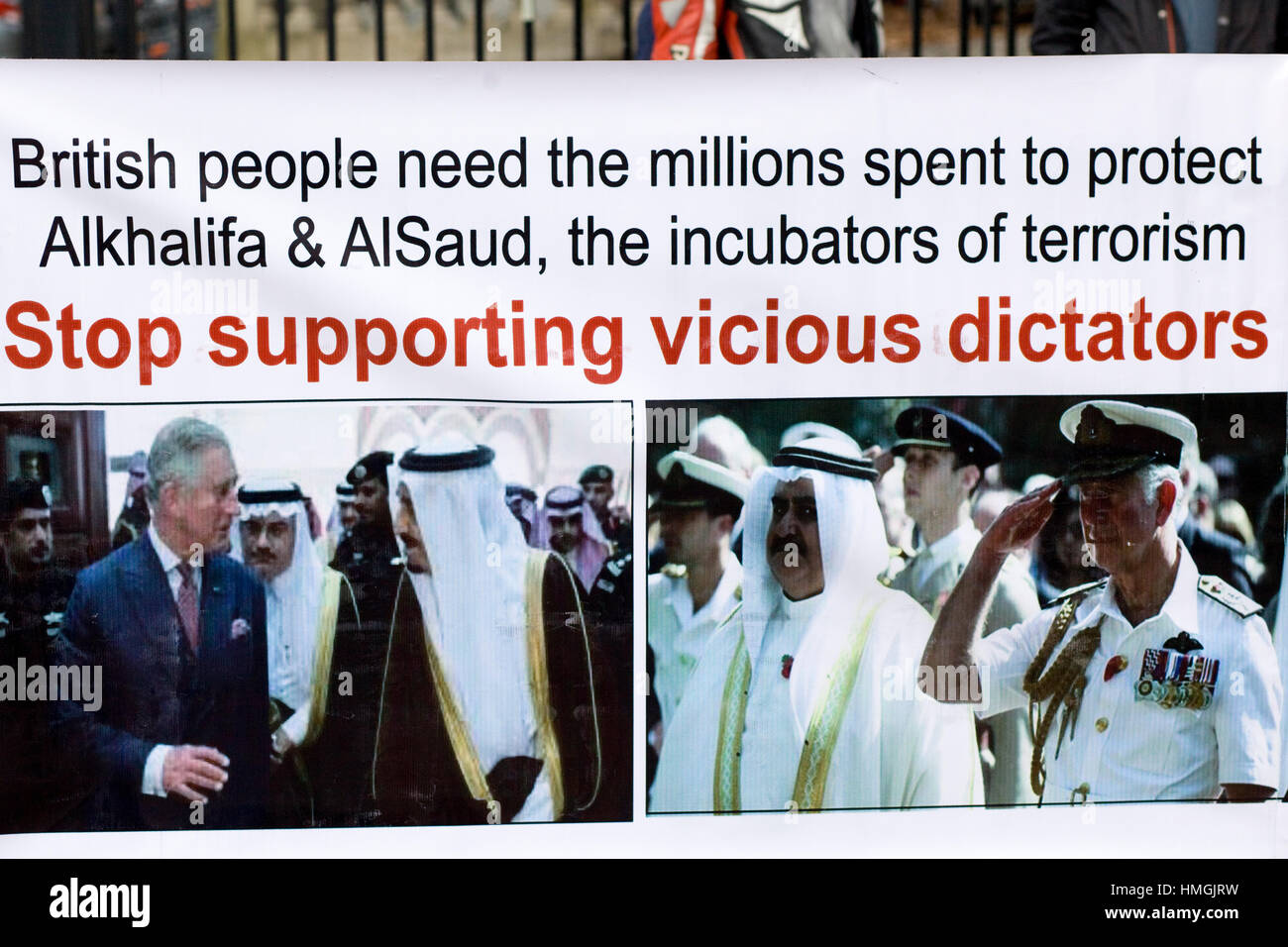 Protest outside Downing Street London stop supporting vicious dictators Stock Photo