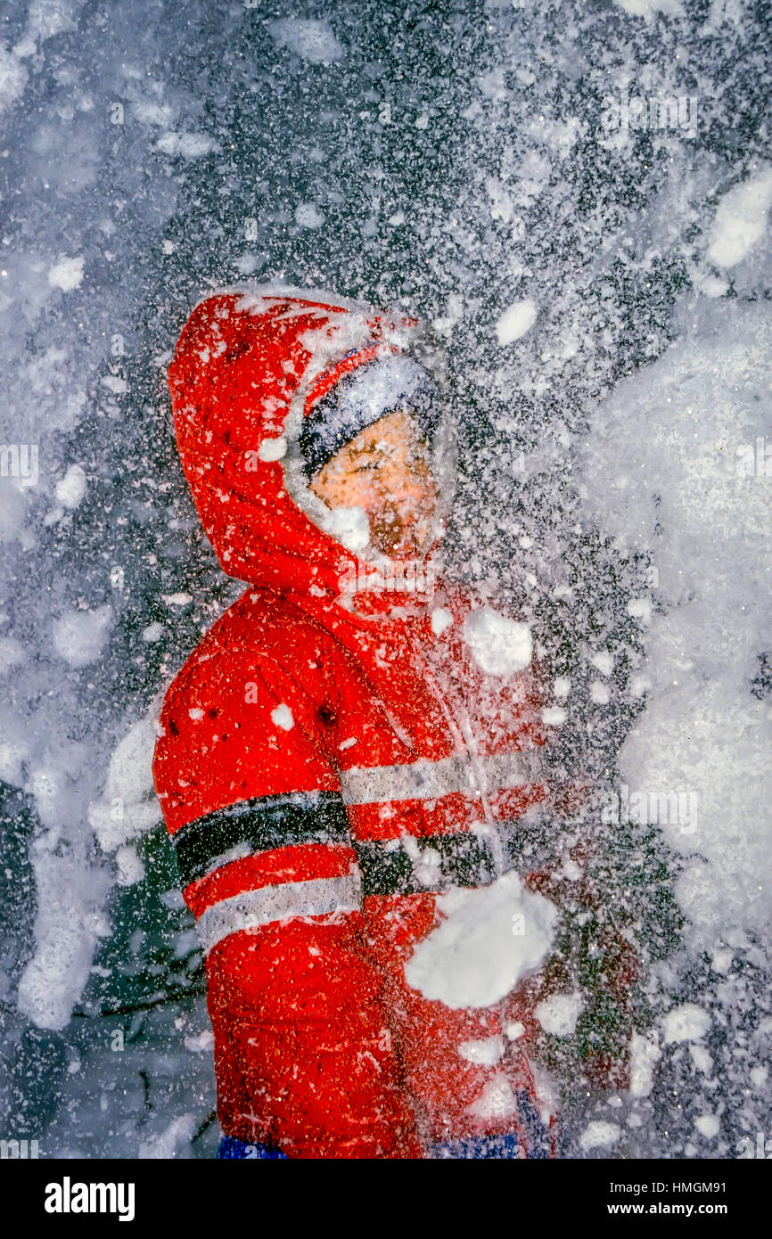 A young boy in a red winter jacket plays in a snow shower. USA Stock Photo