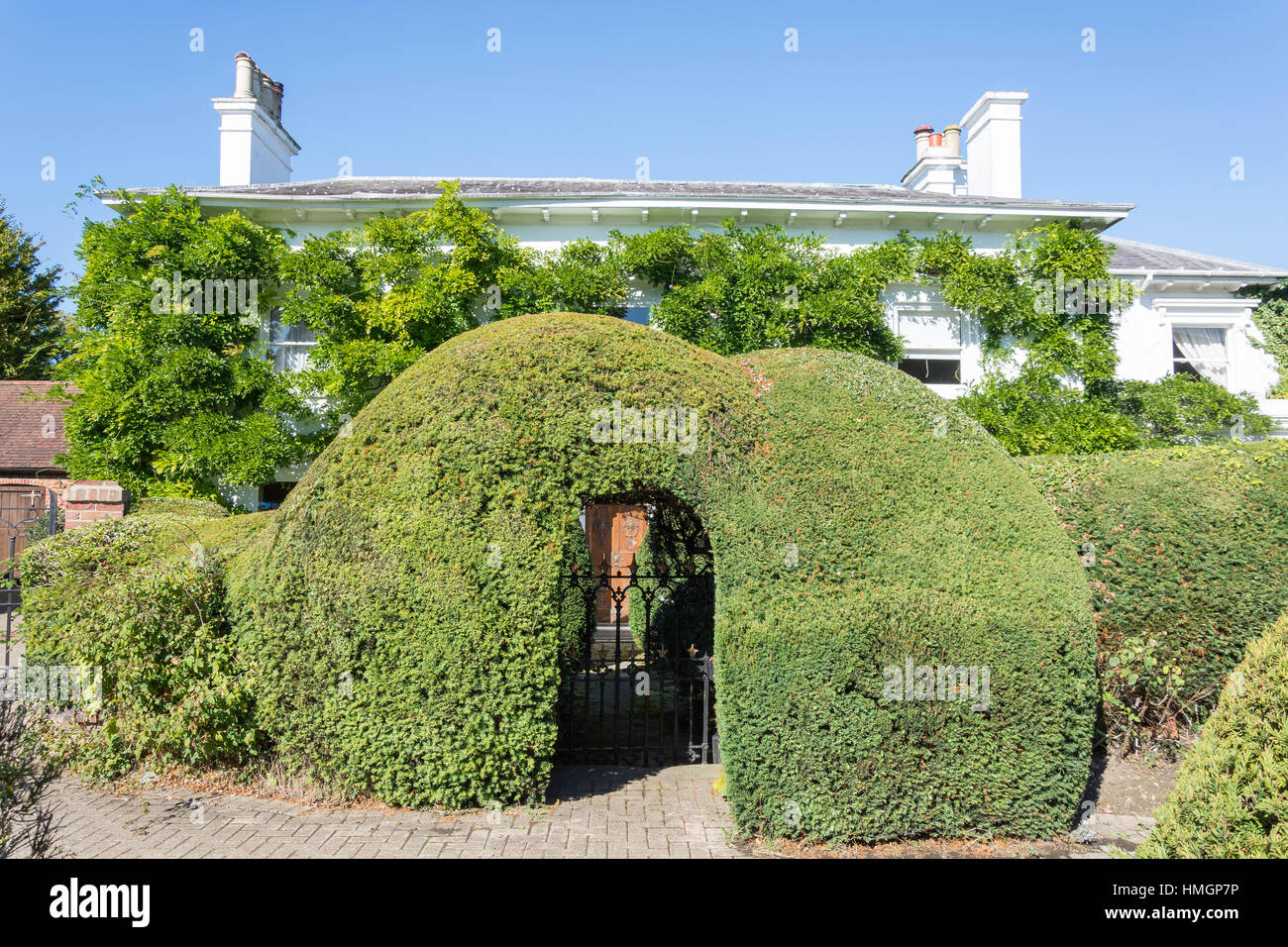 House with entrance through large hedge, Guildford Road, Westcott, Surrey, England, United Kingdom Stock Photo