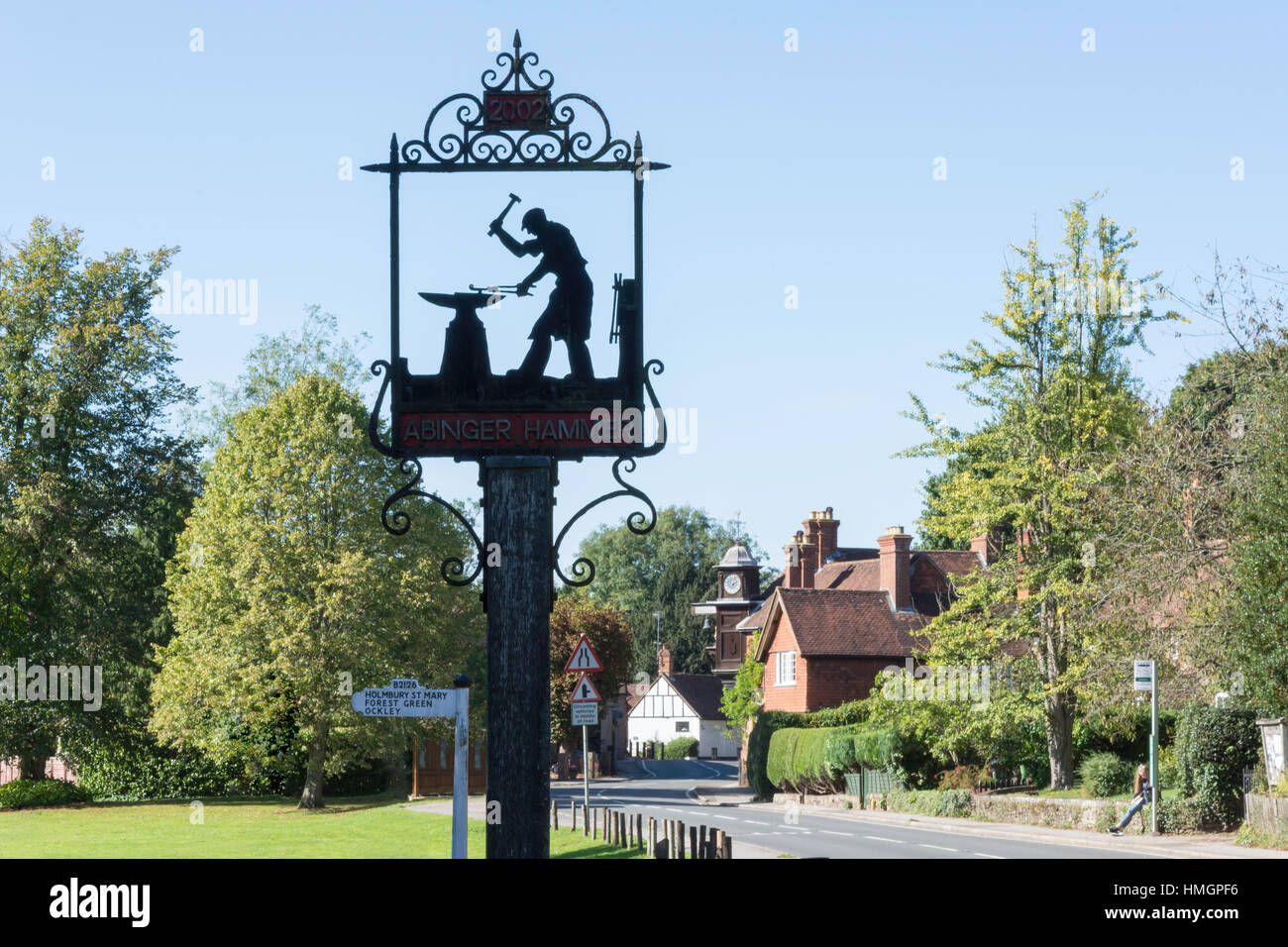 Village sign, Abinger Hammer, Surrey, England, United Kingdom Stock Photo
