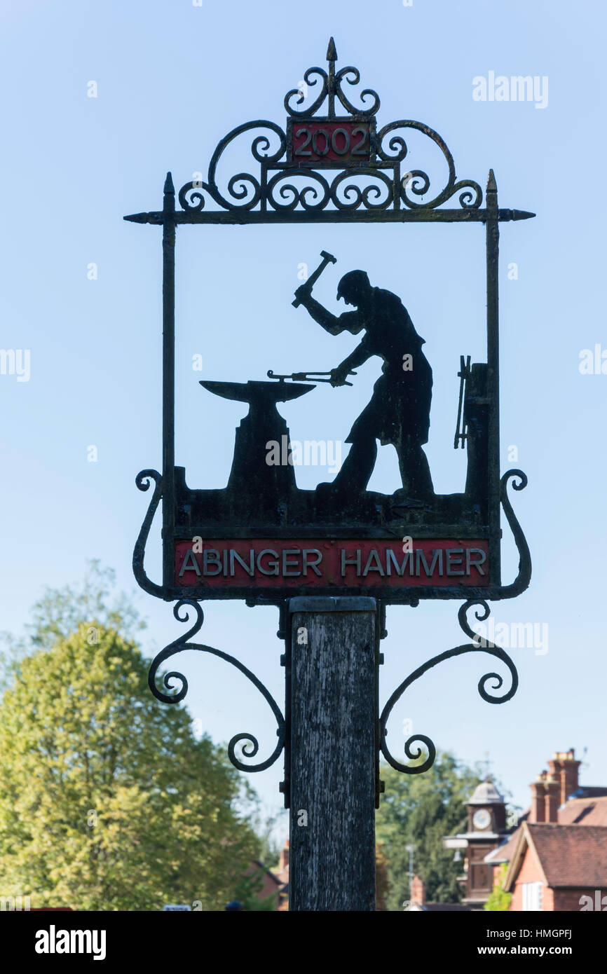 Village sign, Abinger Hammer, Surrey, England, United Kingdom Stock Photo