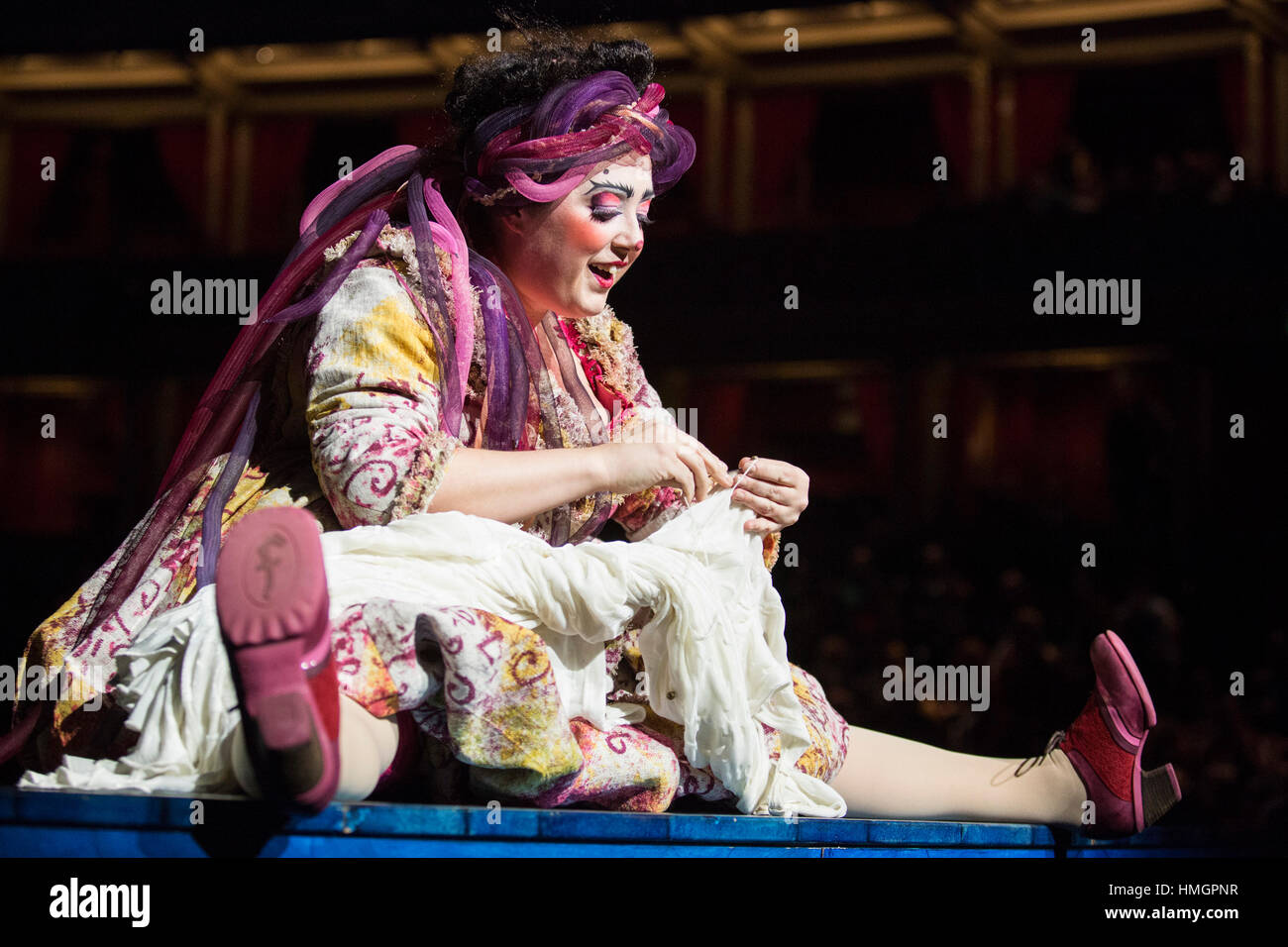 London, UK. 11 January 2016. Clown Mainha, Gabriella Argento. Dress rehearsal of Cirque du Soleil's show Amaluna at the Royal Albert Hall. Shows run from 12 January to 26 February 2017. Stock Photo