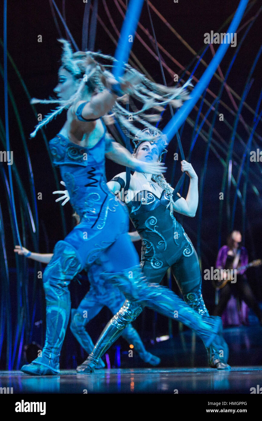 London, UK. 11 January 2016. Valkyrie. Dress rehearsal of Cirque du Soleil's show Amaluna at the Royal Albert Hall. Shows run from 12 January to 26 February 2017. Stock Photo