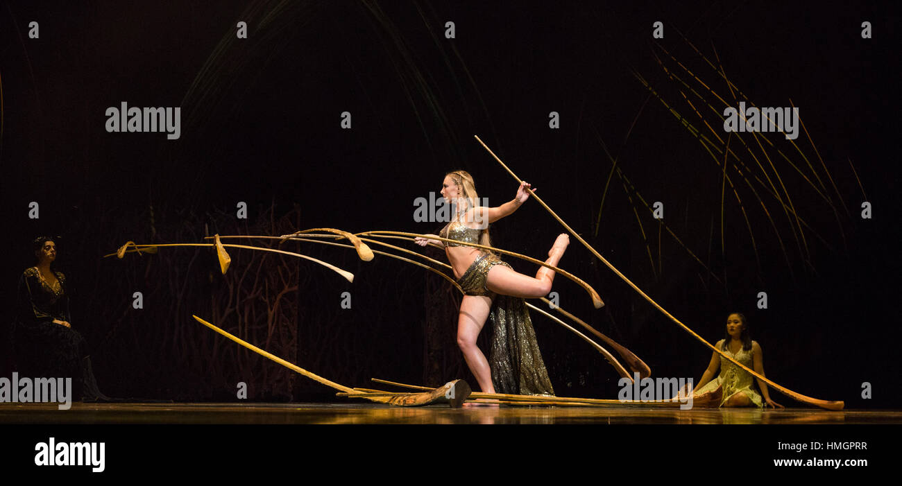 London, UK. 11 January 2016. Balance Goddess Lara Jacobs Rigolo. Dress rehearsal of Cirque du Soleil's show Amaluna at the Royal Albert Hall. Shows run from 12 January to 26 February 2017. Stock Photo