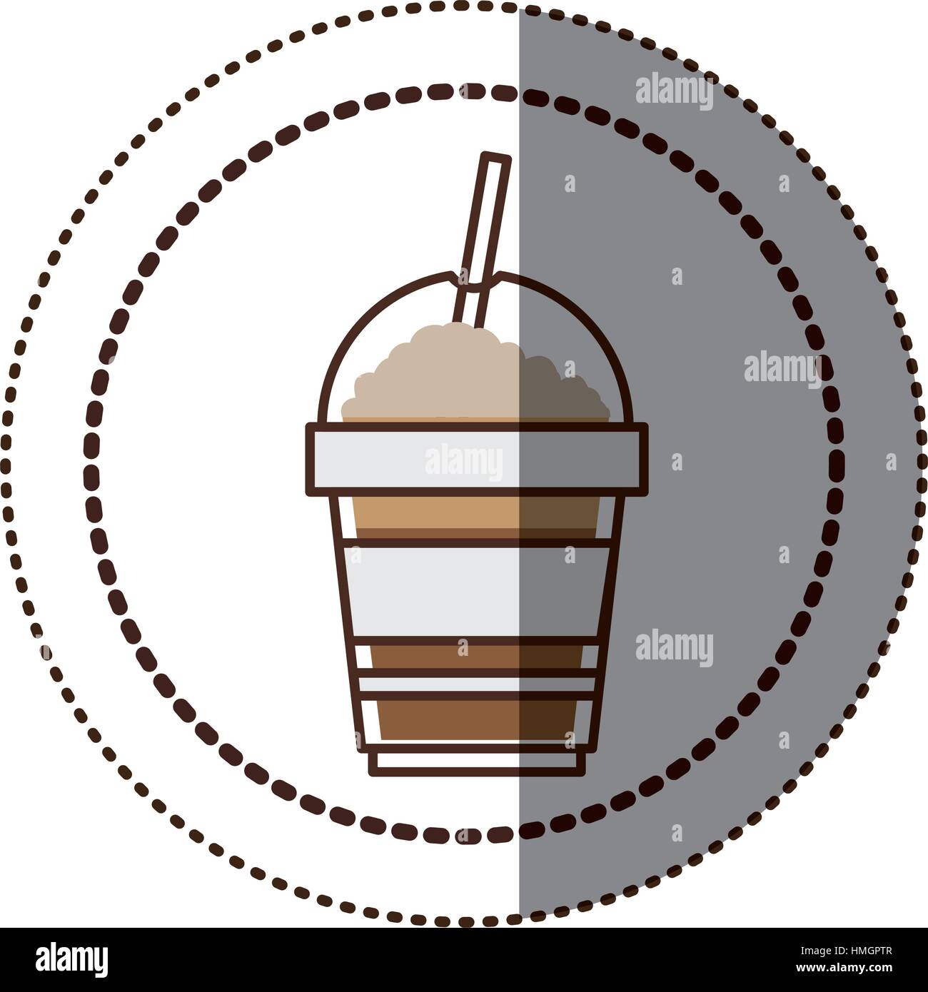 color sticker in circular frame with disposable glass of cappuccino