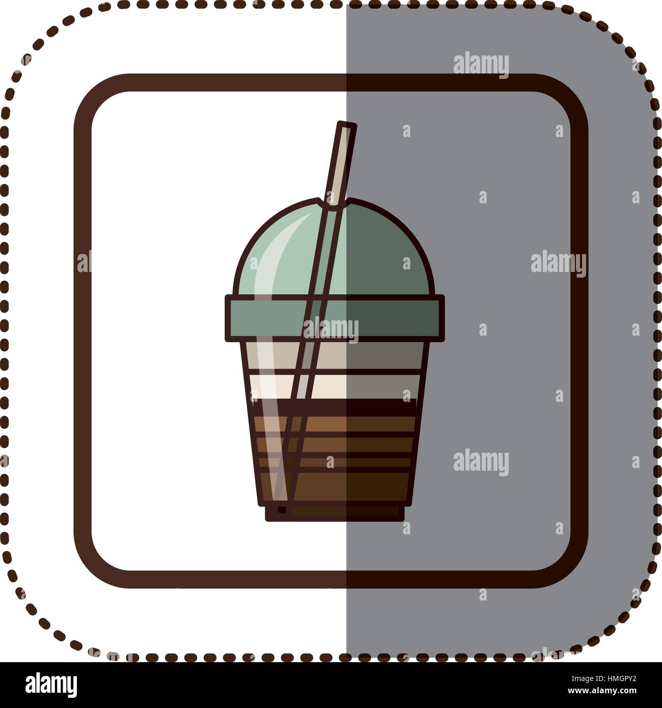 color sticker silhouette in square frame with disposable glass of ...