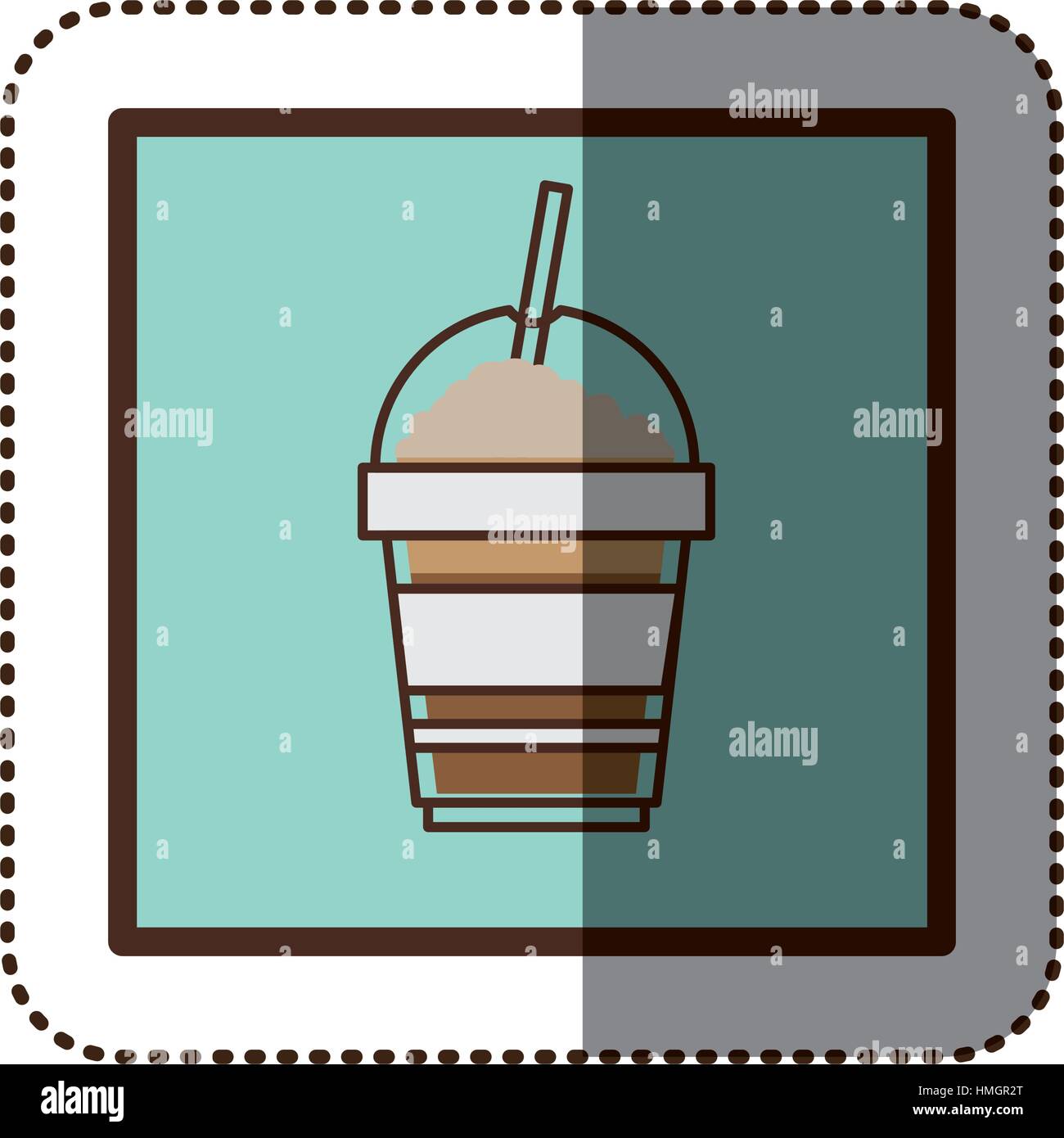 color sticker silhouette in square frame with disposable glass of ...