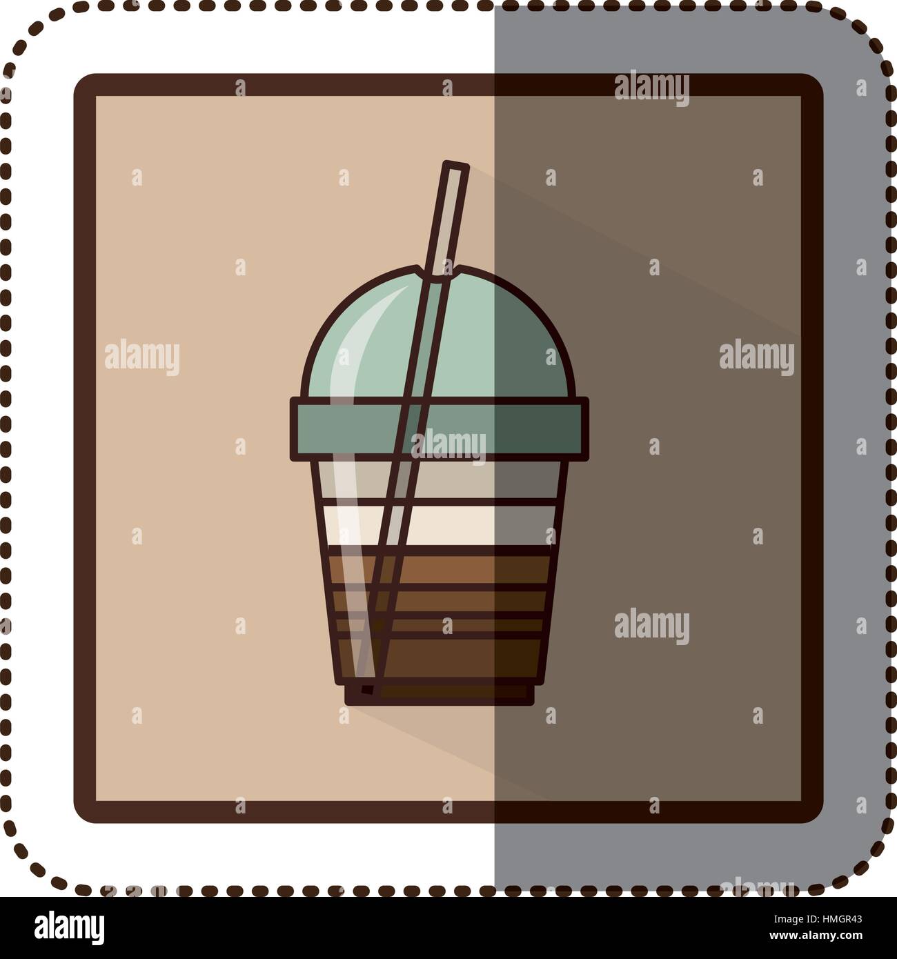 color sticker silhouette in square frame with disposable glass of ...