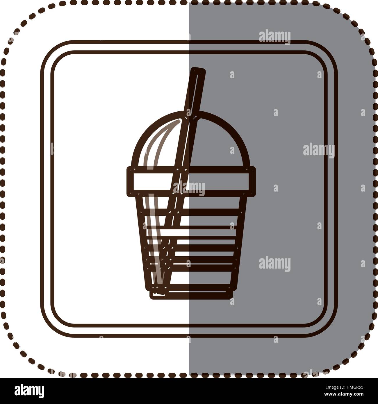 monochrome sticker contour in square frame with disposable glass of ...