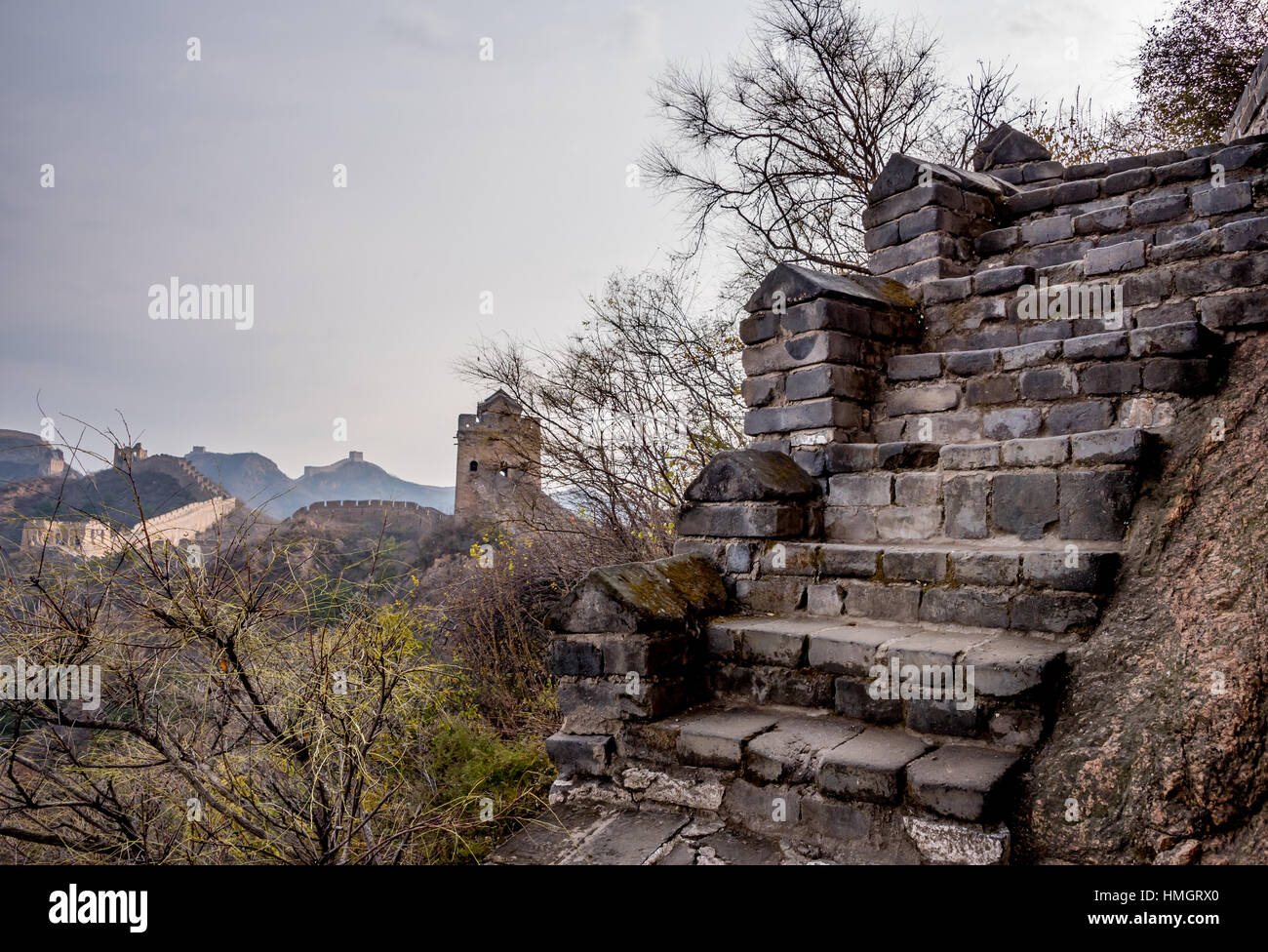 Time-worn stair steps at the Great Wall of China, Jinshanling section,  which was mostly built during the Ming Dynasty; no people in view. Stock Photo