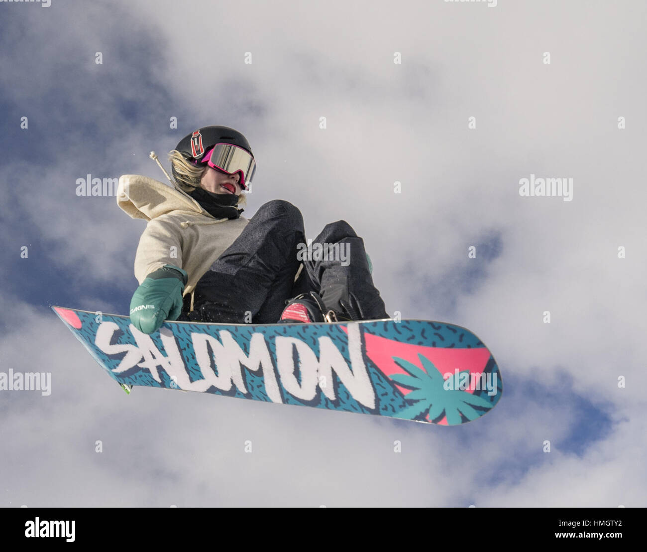 Aspen CO, USA. 26th Jan, 2017. MADDIE MASTRO flys through the air during the warm up for the women's snowboard halfpipe during Day 1 of Winter X Games 2017 at Colorado's Buttermilk Mountain. Credit: Marshall Foster/ZUMA Wire/Alamy Live News Stock Photo