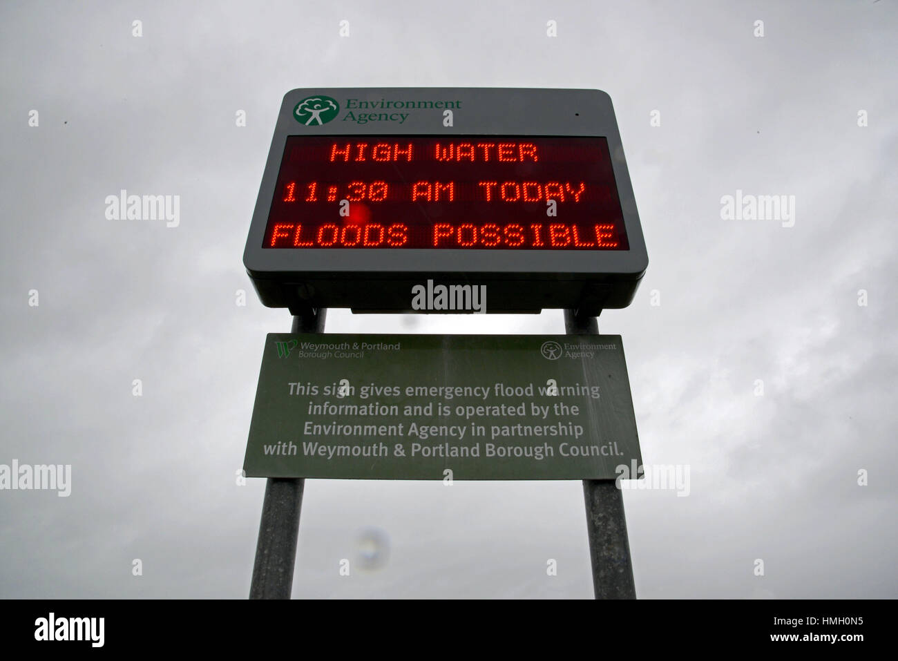 Portland, Dorset, UK. 3rd February 2017. Environment Agency flood warning sign Credit: Dorset Media Service/Alamy Live News Stock Photo