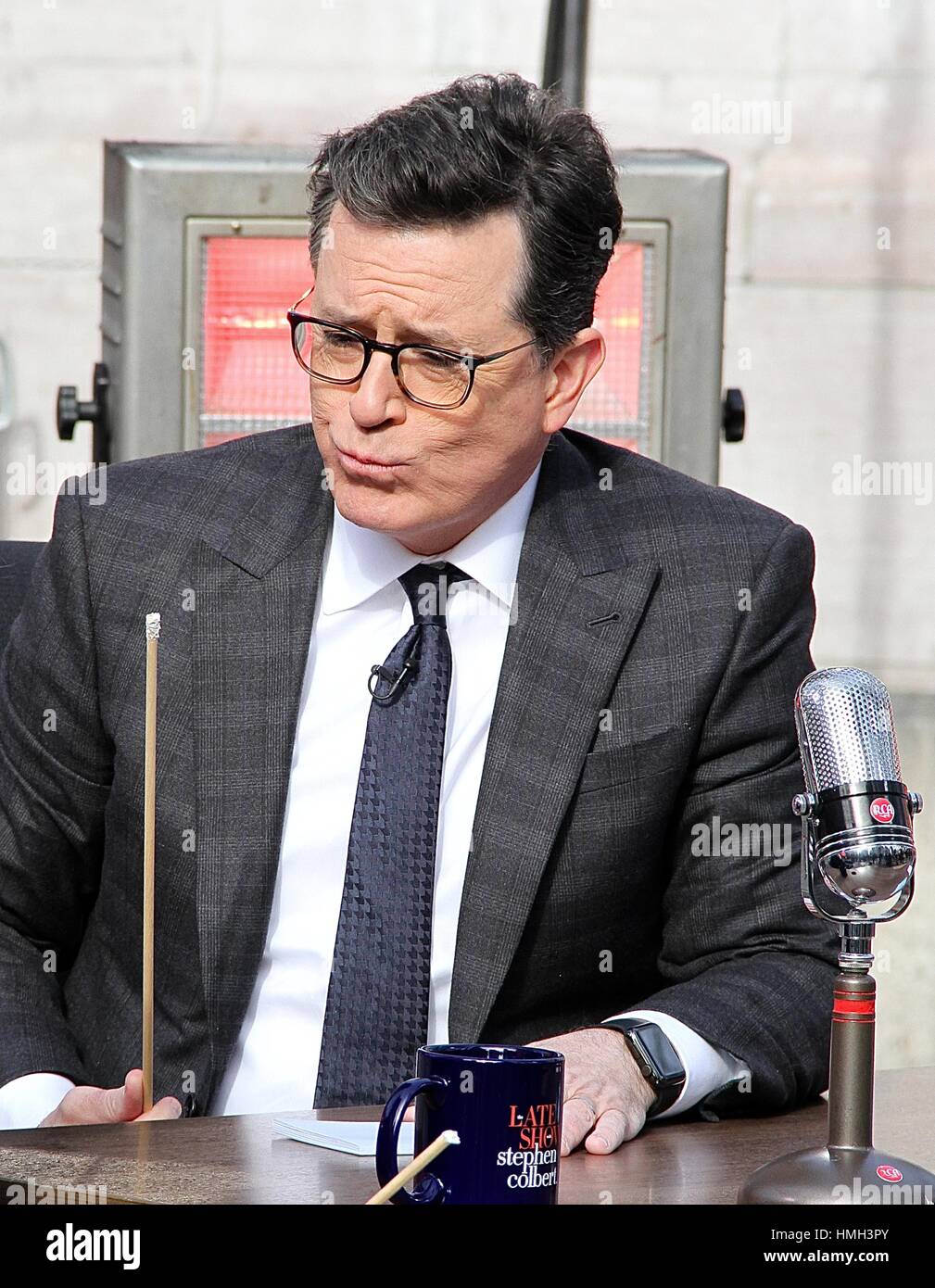 New York, USA. 3rd Feb, 2017. Stephen Colbert samples his marshmallow ...