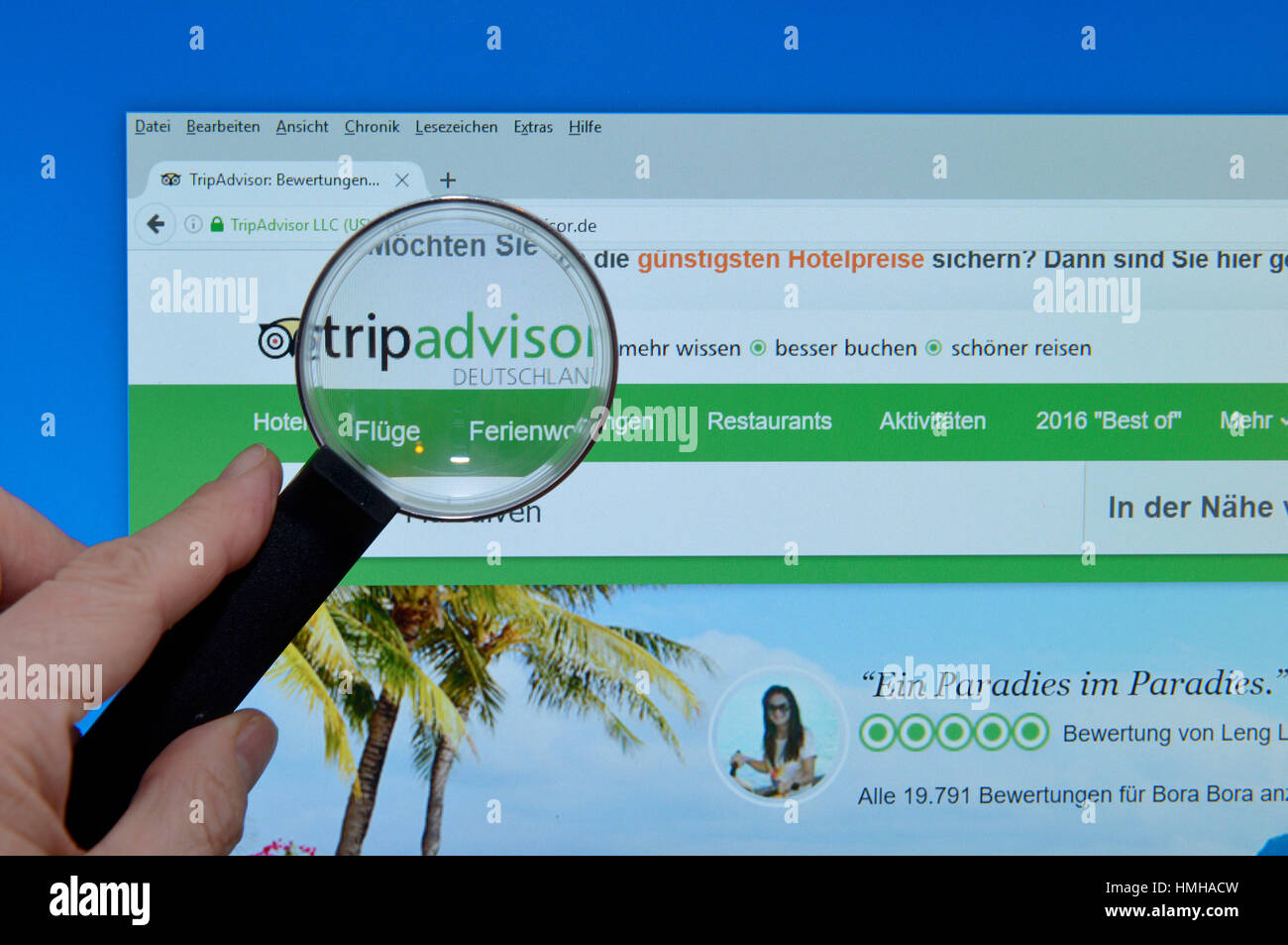 tripadvisor.de, Internet, monitor, hand, magnifying glass, Monitor, Hand, Lupe Stock Photo