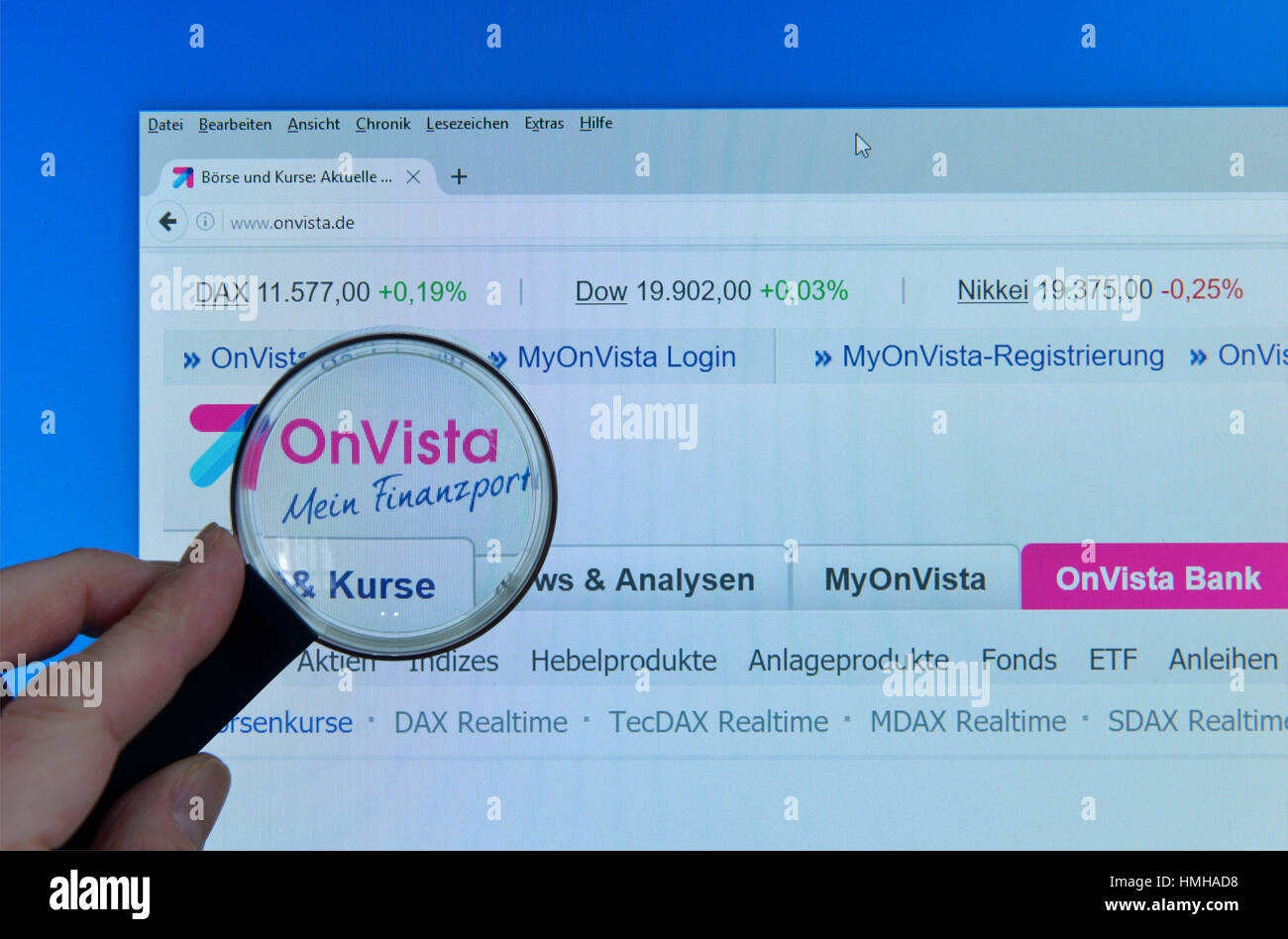 OnVista, website, Internet, screen, magnifying glass, hand, Website, Bildschirm, Lupe, Hand Stock Photo