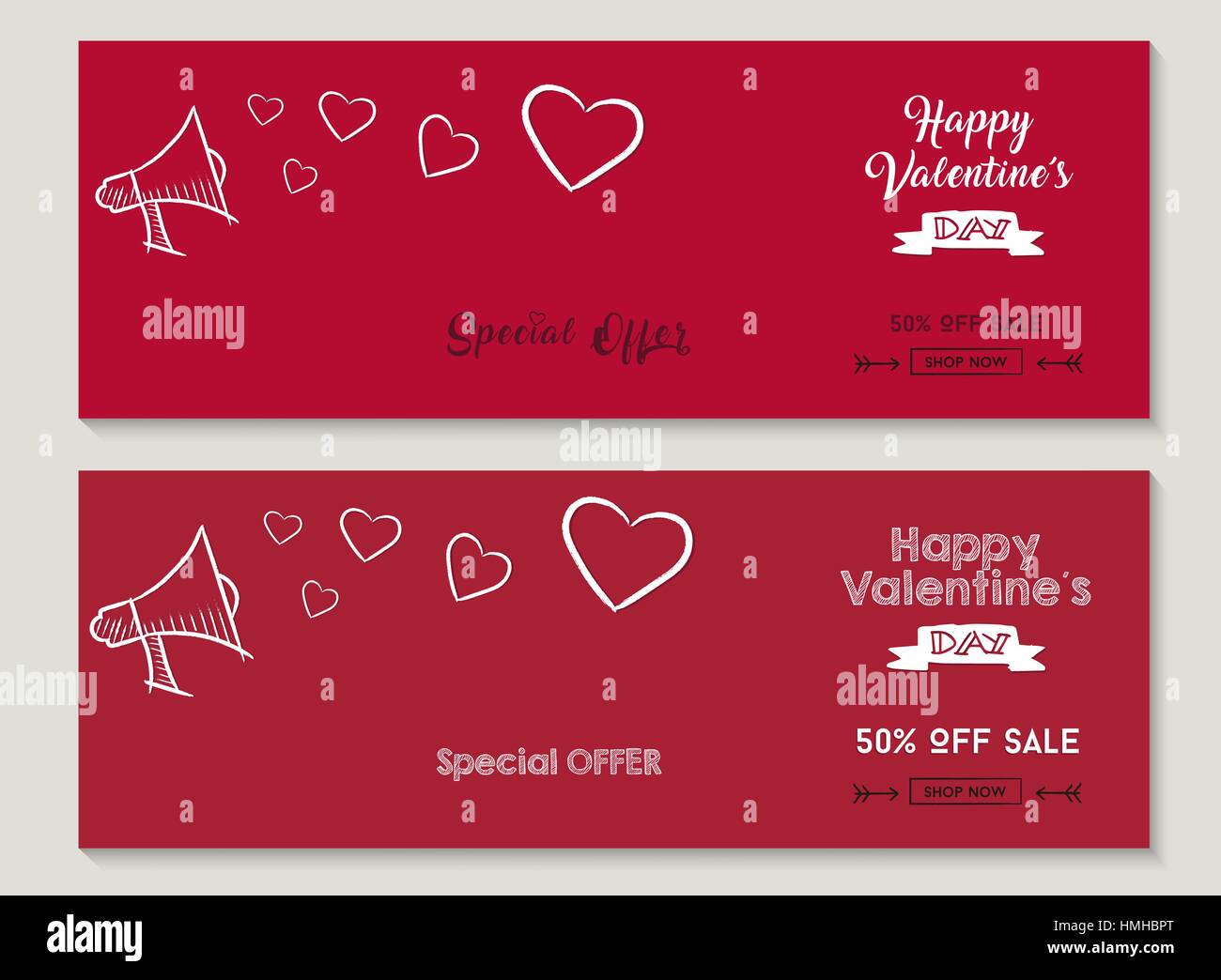 Valentines day set of special sale designs, red color discount social media cover templates for business or shop holiday with hand drawn elements. Stock Vector