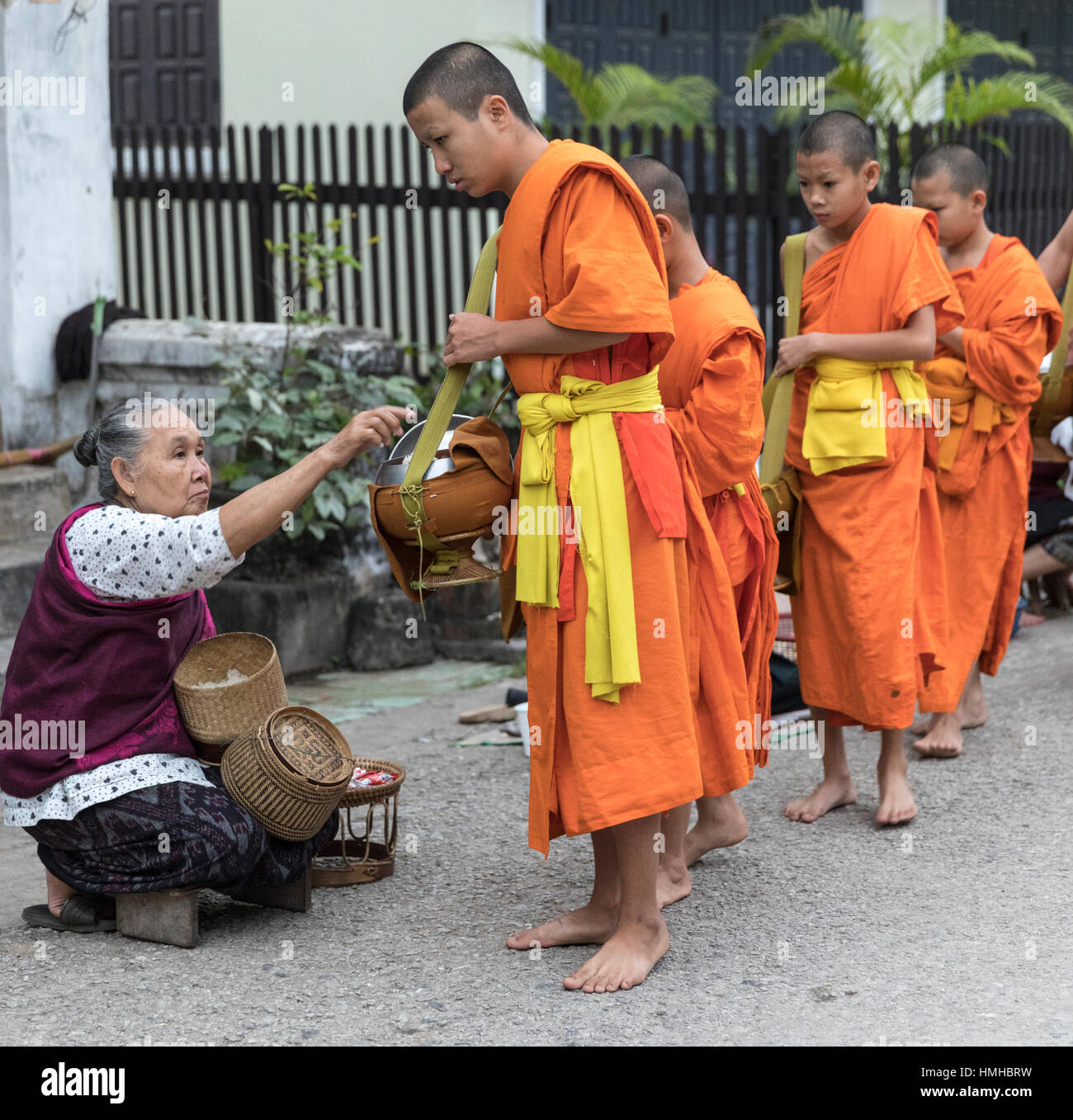 Monks and Donors, Early Morning Alms Procession, Luang Prabang, Laos Stock Photo