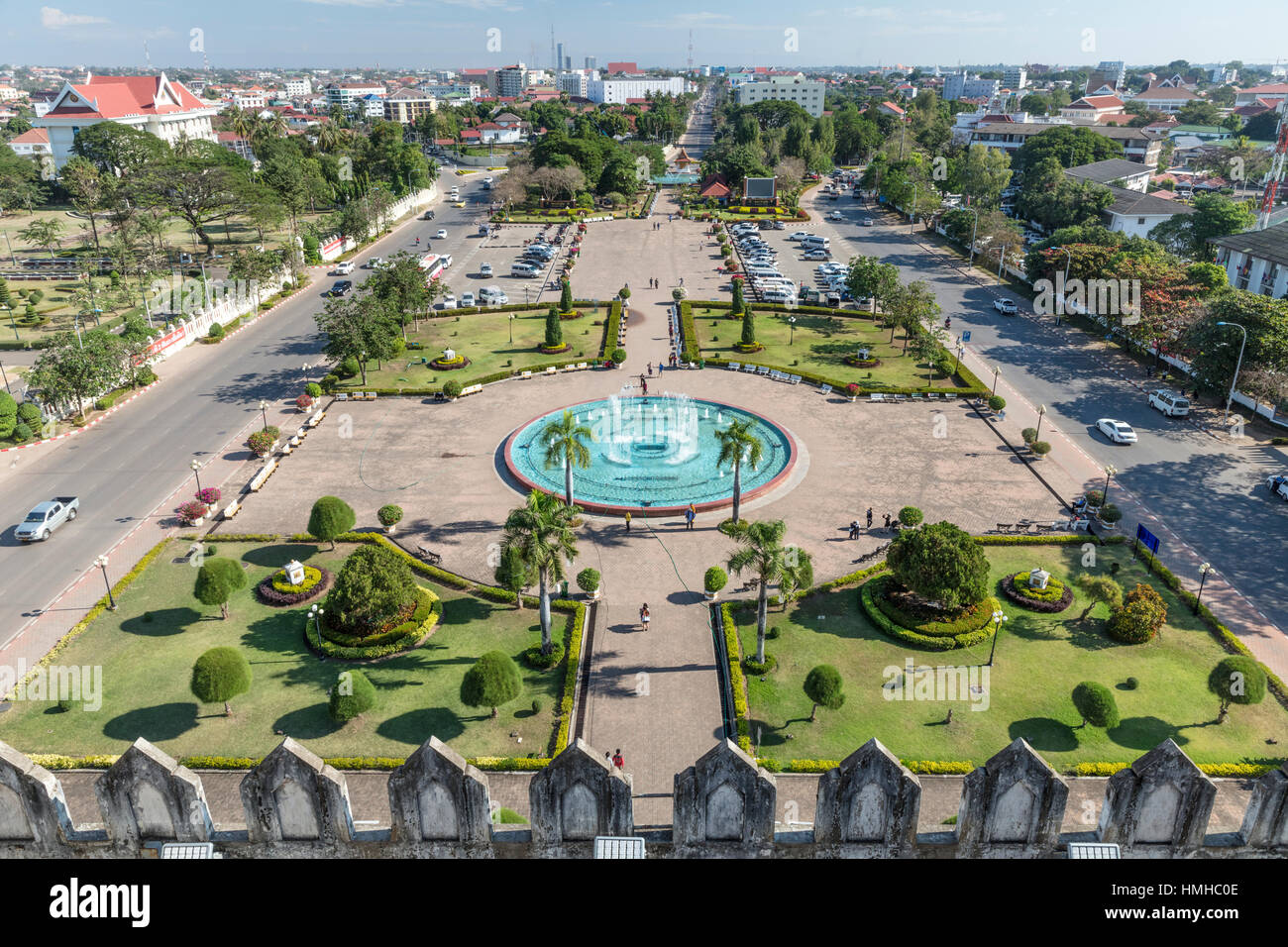 View of Fountain and Plaza below Patuxai Arc de Triomphe, Vientiane, Laos Stock Photo