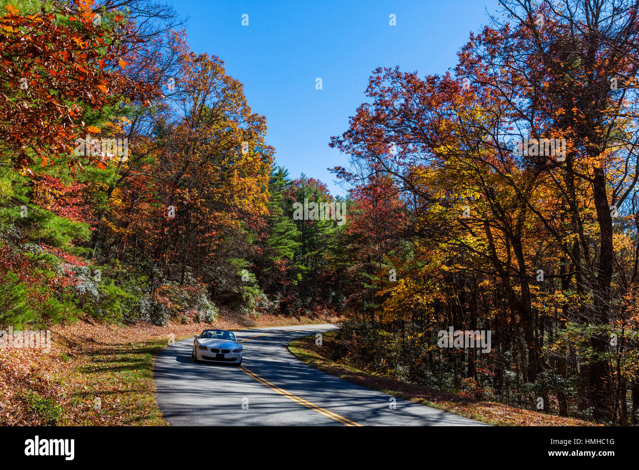 Blue Ridge Parkway. Sports car on the Blue Ridge Parkway, Deep Gap, North Carolina, USA Stock Photo
