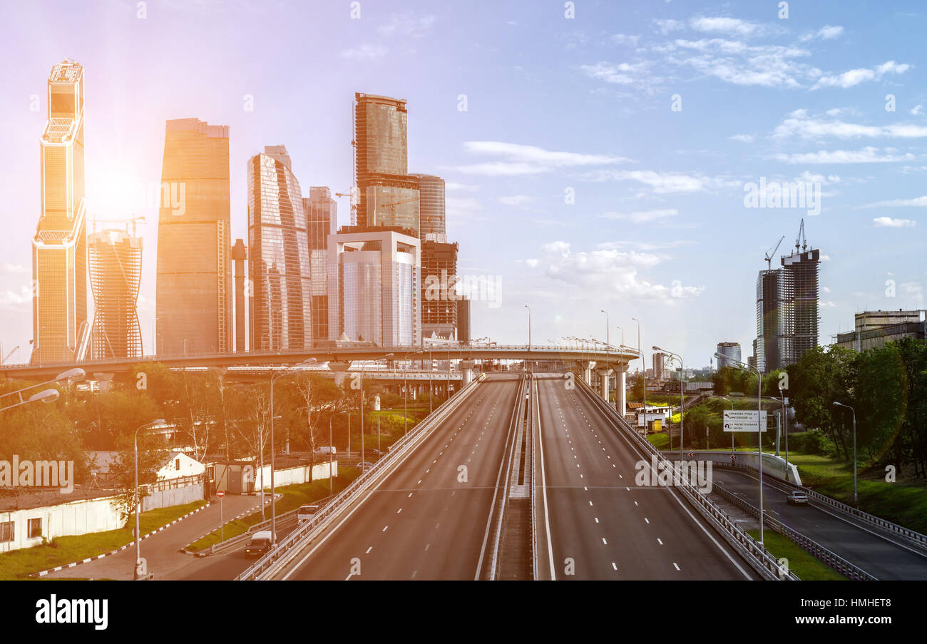 Empty highway in the center of Moscow, Russia Stock Photo