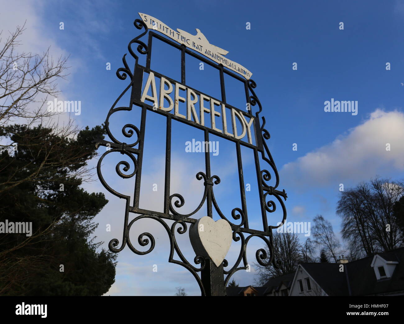 Aberfeldy metal sign against sky Perthshire Scotland  February 2017 Stock Photo