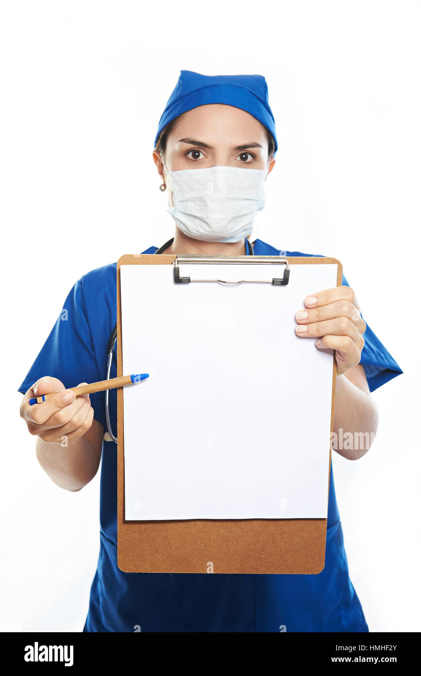 nurse show empty board and point with pan isolated Stock Photo