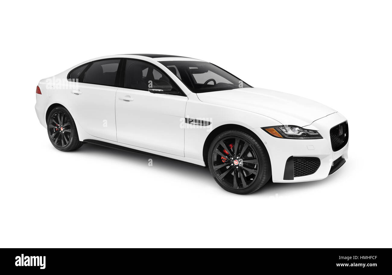 License and prints at MaximImages.com - White 2016 Jaguar XF S Luxury Sport sedan, luxury car isolated on white background with clipping path Stock Photo