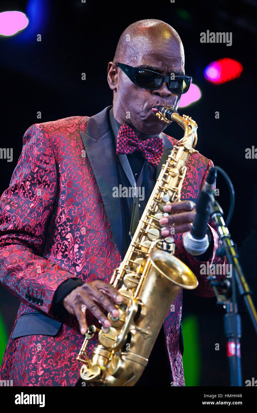 MACEO PARKER plays saxophone with the RAY CHARLES ORCHESTRA during the