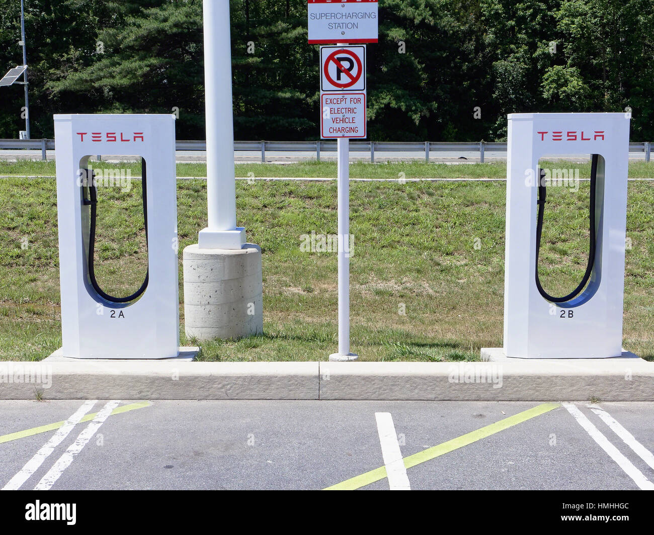 Tesla supercharging Stations in a Rest Stop On the New Jersey Parkway