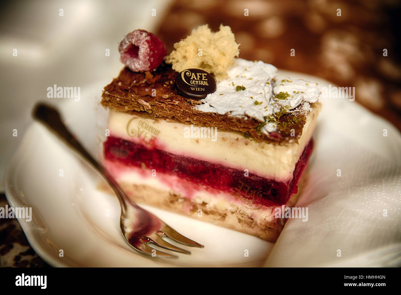 Close Up View of a Layered Cream Cake with Raspberry (Sommerkuss), Cafe Central, Vienna, Austria Stock Photo
