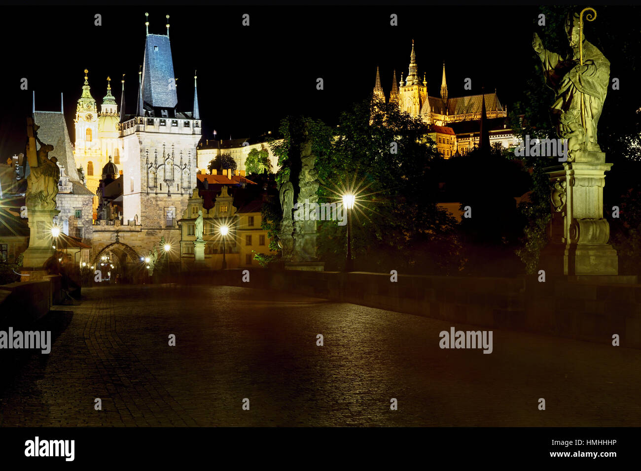 Nightime View of the Castle District from the Charles Bridge, Prague, Czech Republic Stock Photo