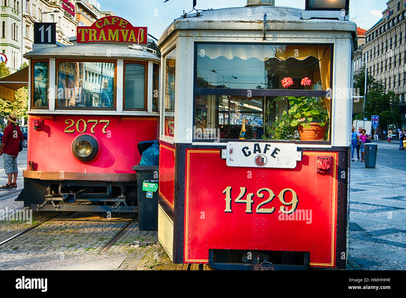 Frontal View of Antique Trams Converted to a Cafe and Restaurant, Wenceslas Square, Parague, Czech Republic Stock Photo