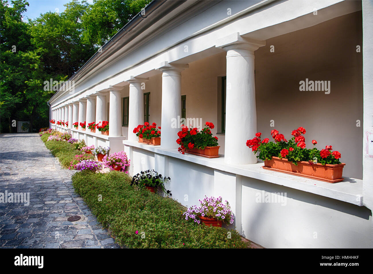 Traditional Hungarian Country House with a Veranda, Vacratot Botanical Garden, Hungary Stock Photo