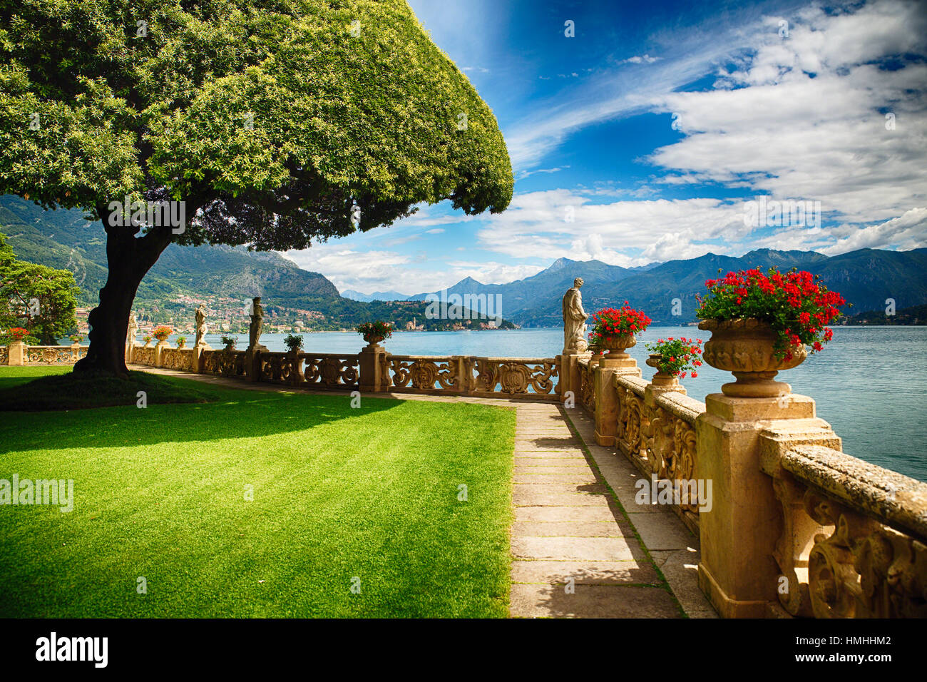 View of Lake Como from a Garden Terrace, Villa Balbianello, Lenno Como, Lombardy, Italy Stock Photo