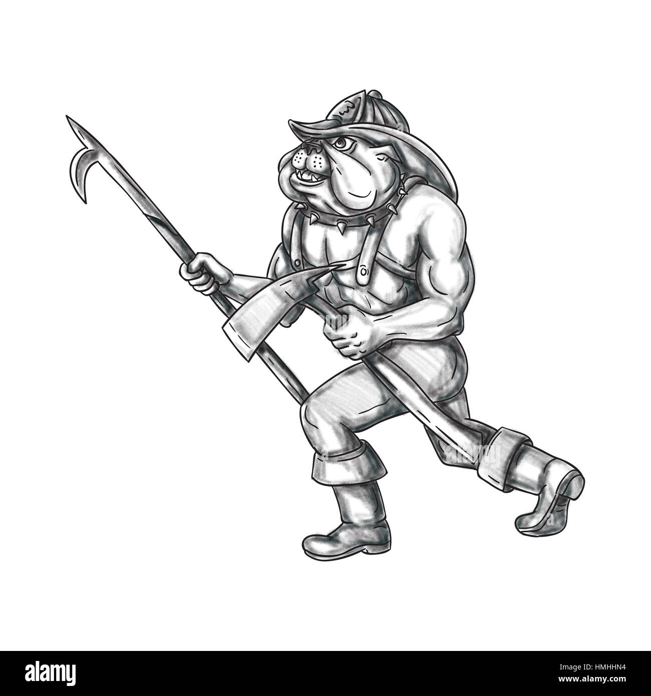 Tattoo style illustration of a bulldog firefighter holding pike pole and fire axe walking viewed from the side set on isolated white background. Stock Photo
