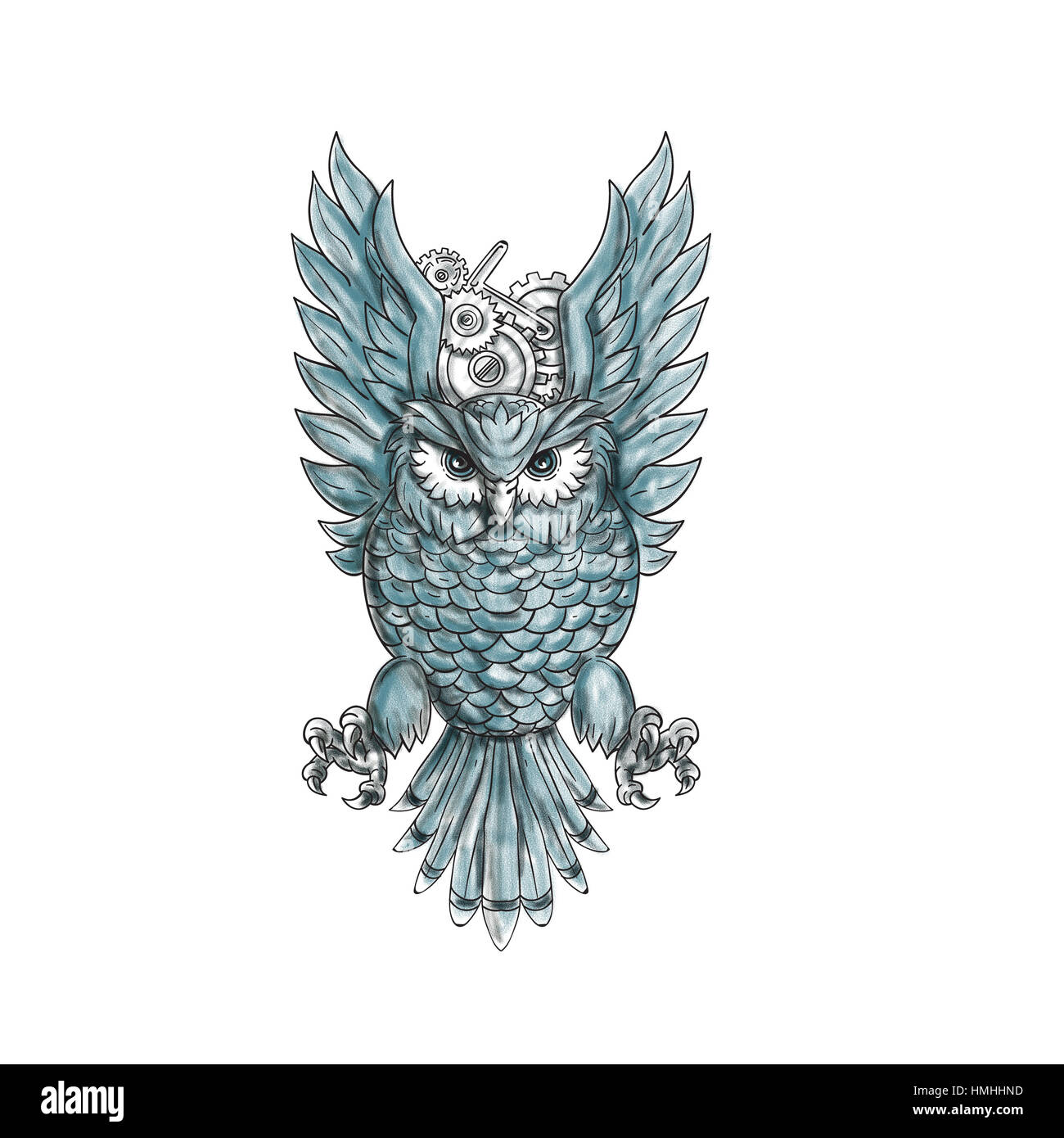 Tattoo style illustration of an owl swooping with clock gears behind its wings viewed from the front set on isolated white background Stock Photo - Alamy
