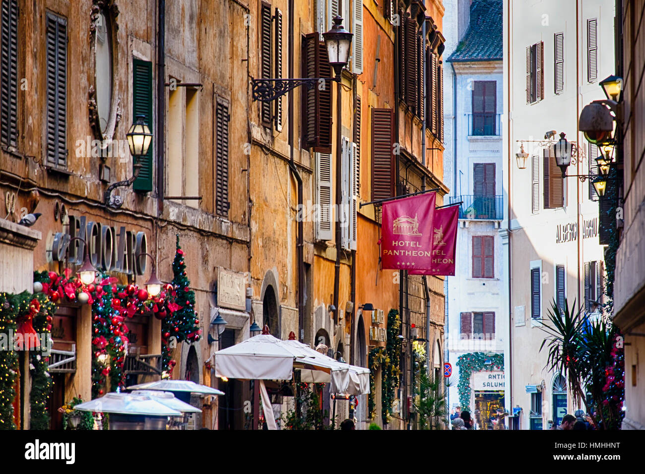 Street in Central Rome During Christmas Holiday,Via dei Pastini, Rome, Lazio Stock Photo