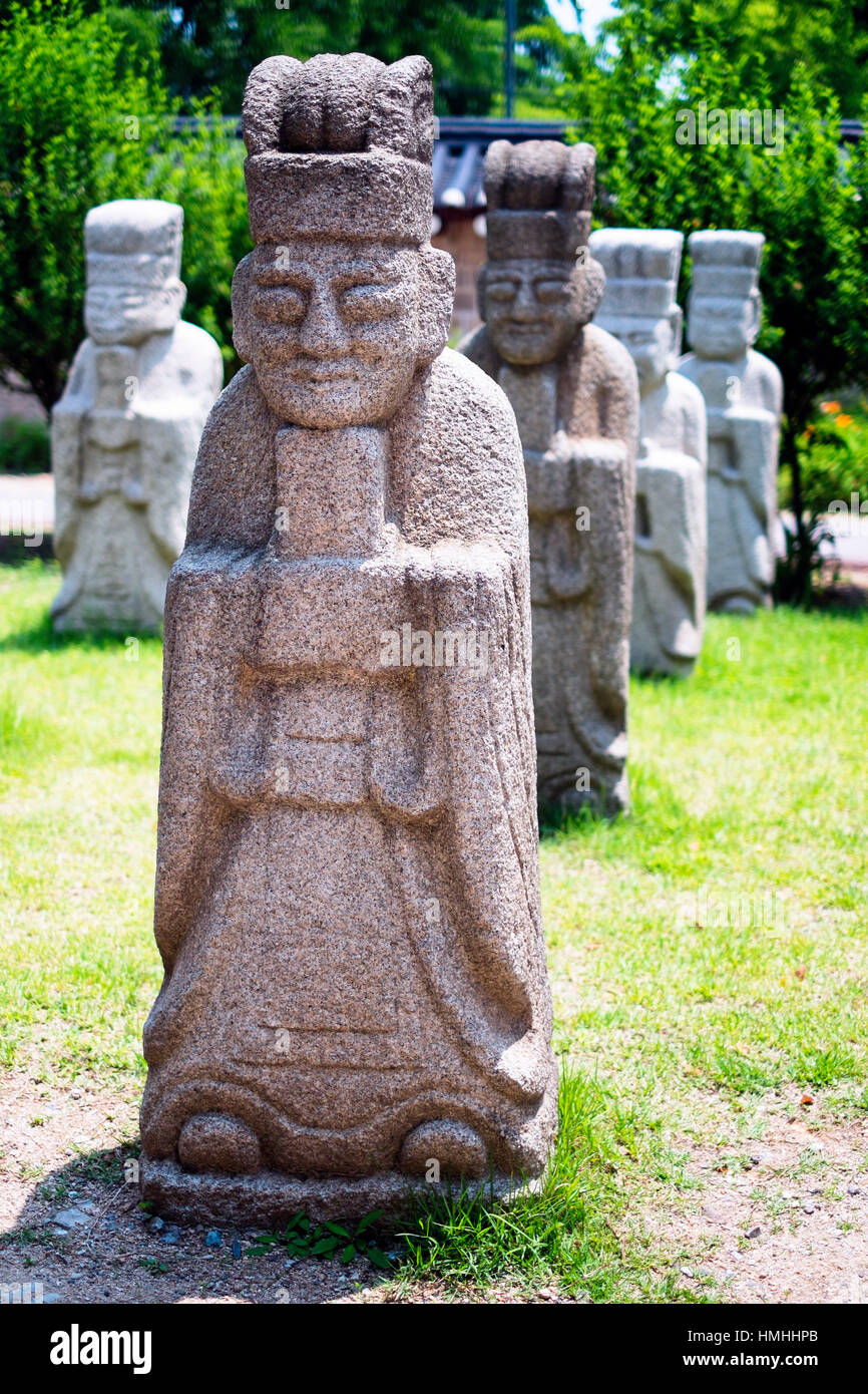 Row of Muninseok (Public Official) Protective Statues, National Folks Museum, Seoul, South Korea Stock Photo
