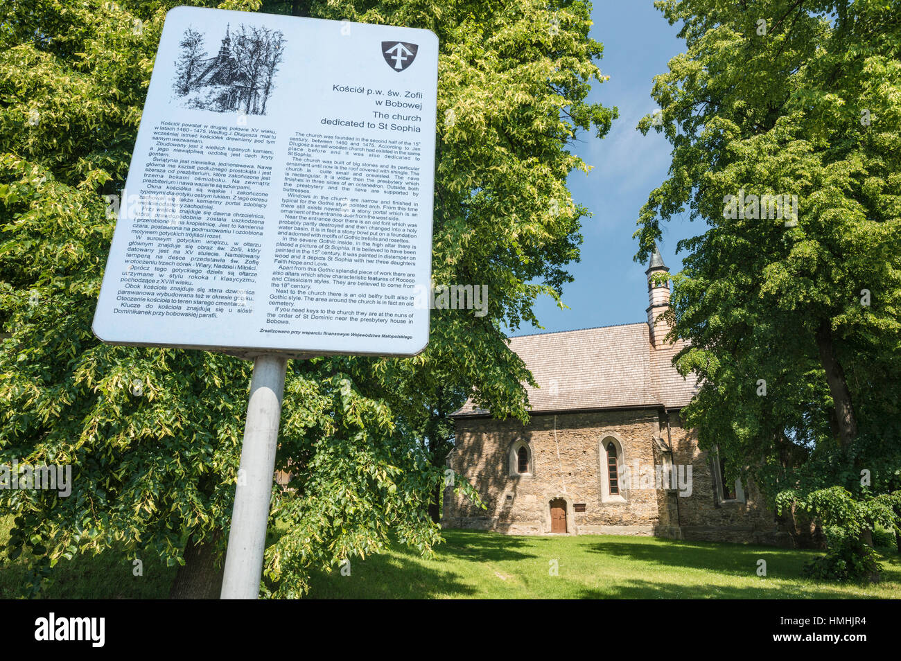 Bilingual information sign, St Sophia Church, Gothic style, in Bobowa