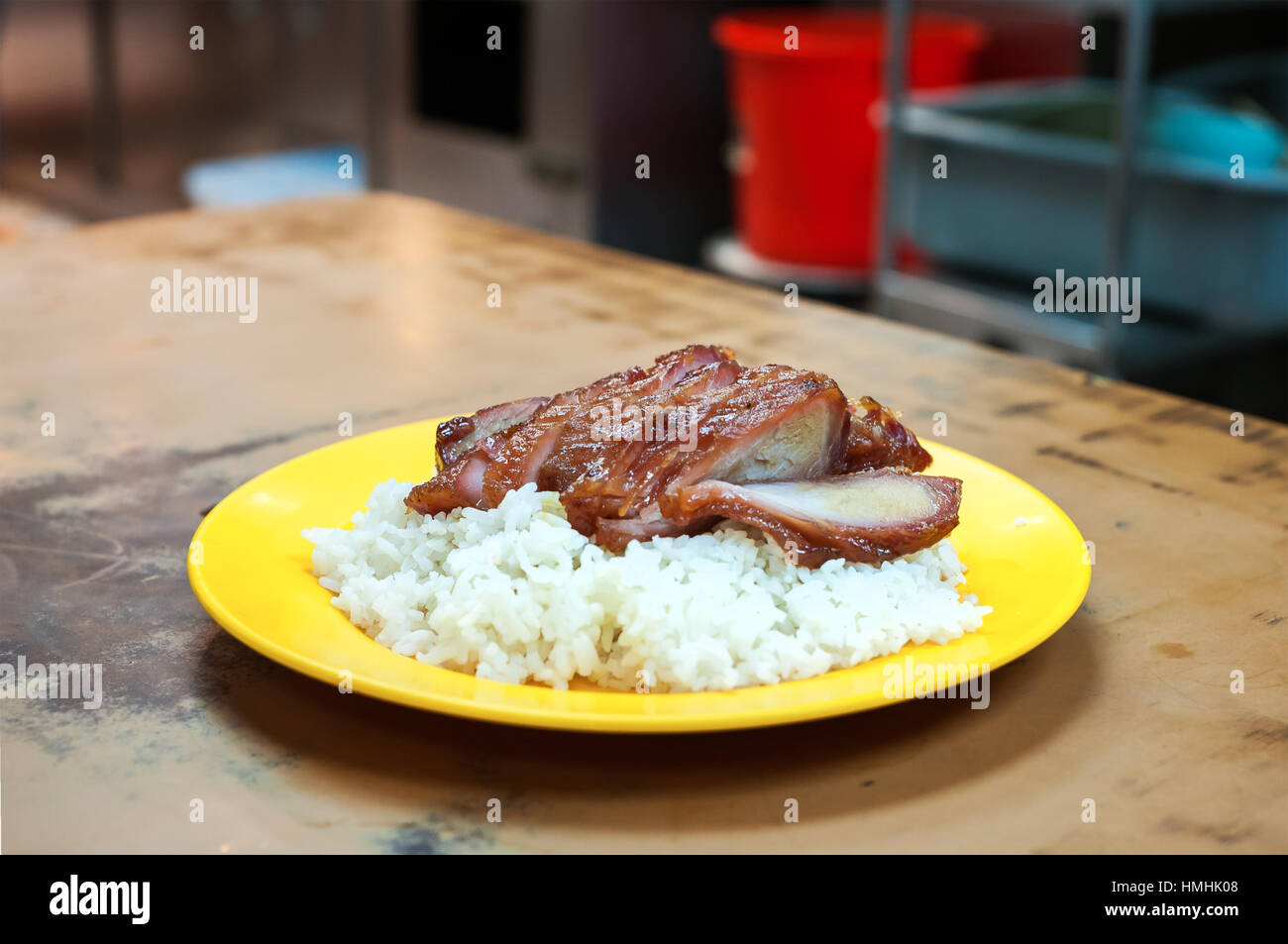 Roasted char siu pork with rice at a local Hong Kong restaurant; Stock Photo