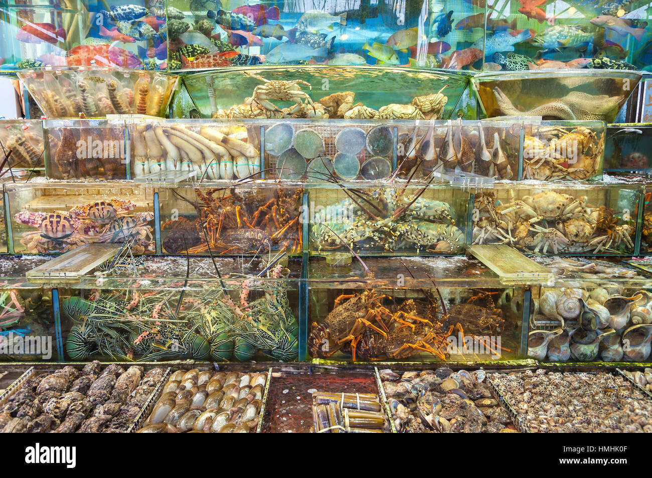 Live seafood outside a restaurant in Sai Kung, Hong Kong Stock Photo