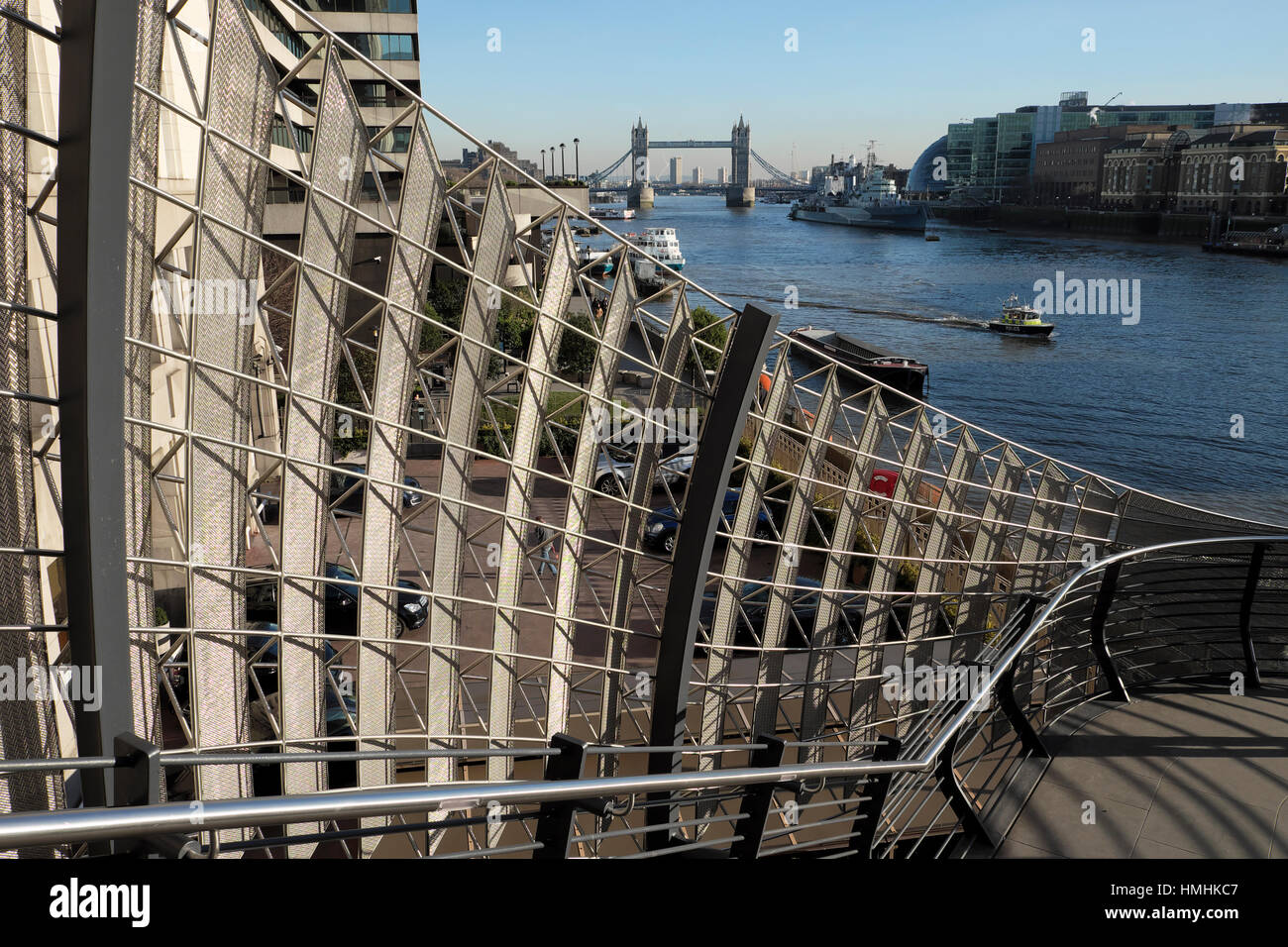 New metal staircase designed by bere architects connecting London Bridge with the Thames riverside path below London UK  KATHY DEWITT Stock Photo