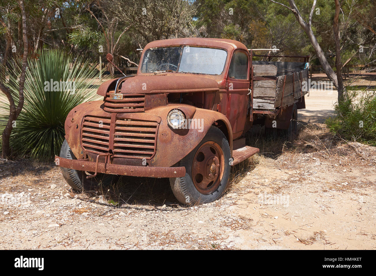 Abandoned car in the middle of Australian countryside Stock Photo