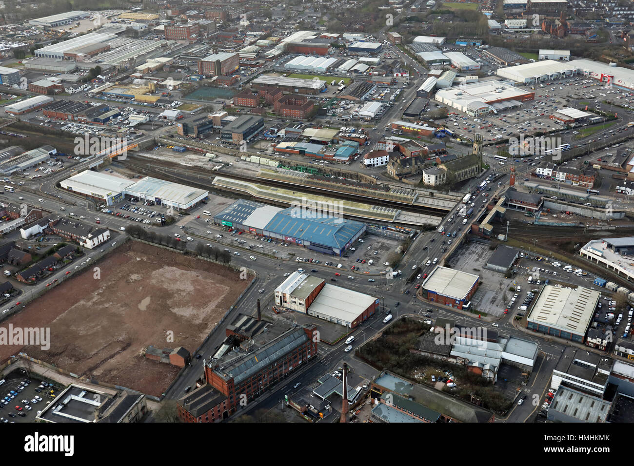 aerial view of the area around Bolton Railway Station, Lancashire, UK Stock Photo