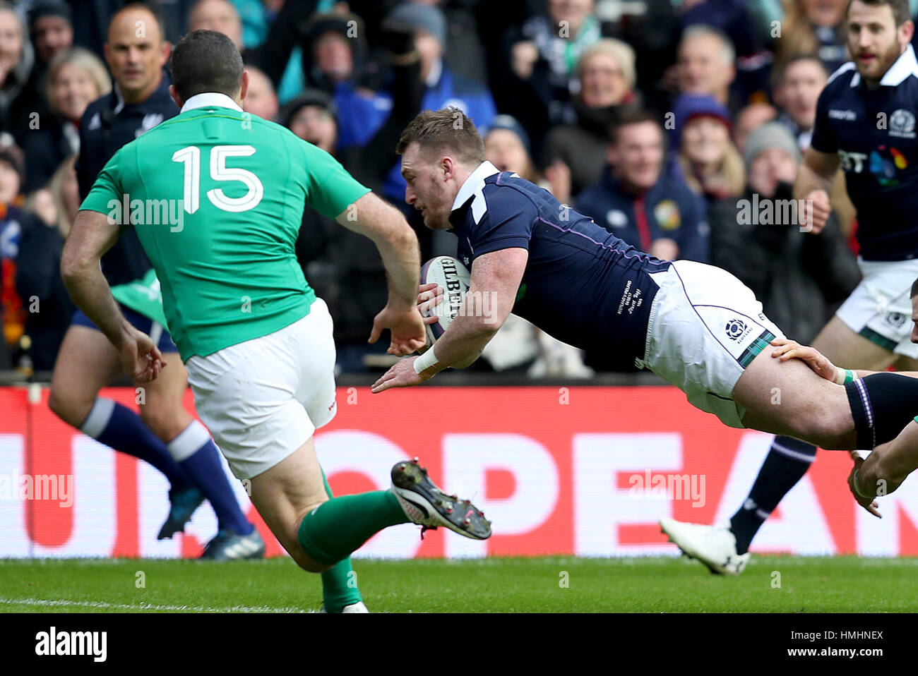Scotland's Stuart Hogg scores his side's first try during the RBS 6 ...