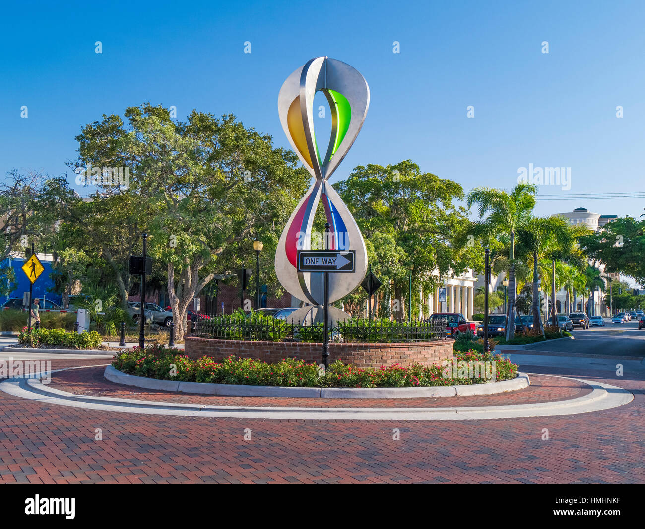 Art sculpture in center of roundabout on Main Street in downtown Sarasota Florida Stock Photo